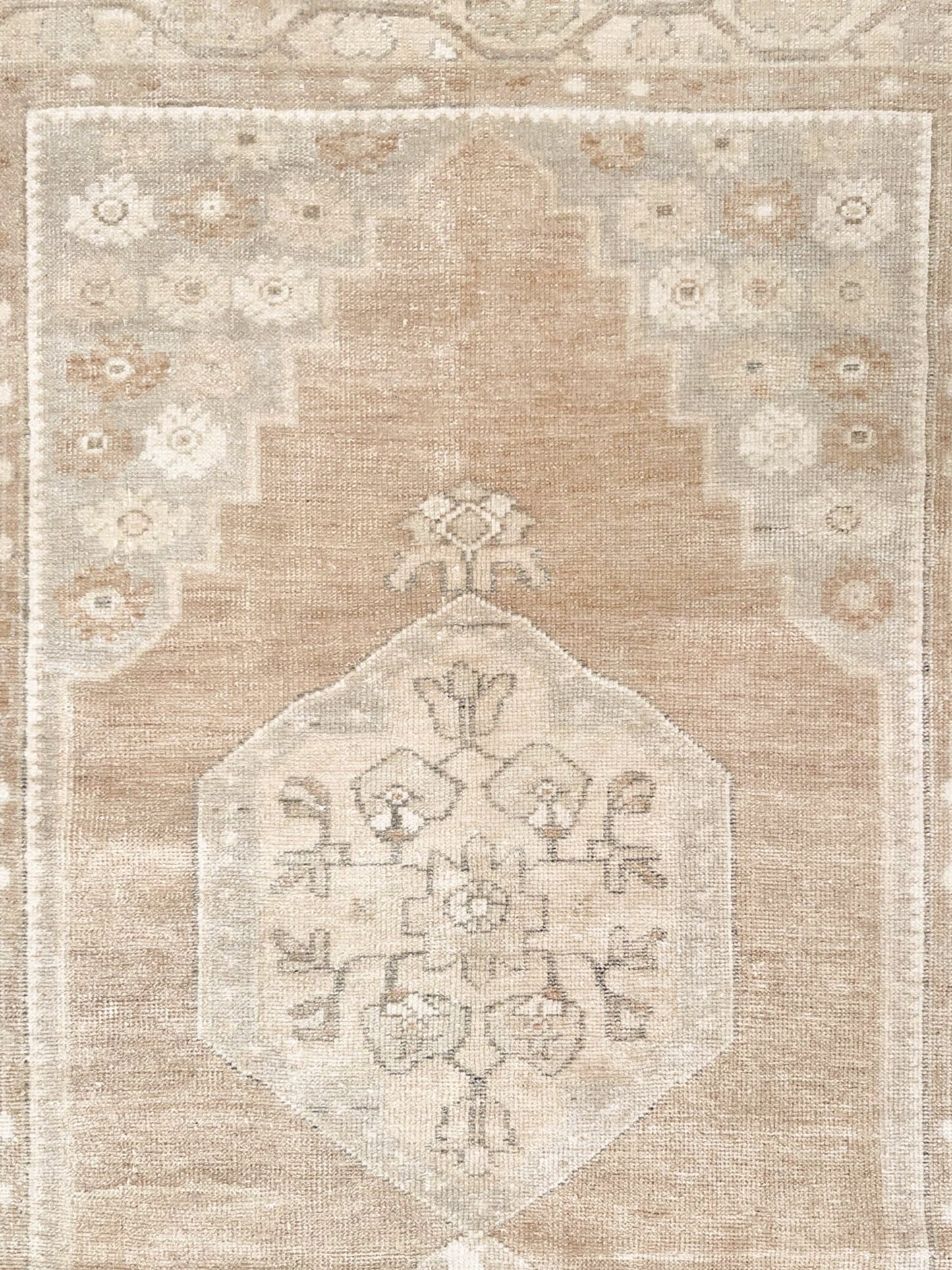 muted oushak turkish vintage runner rug 3x7 distressed low pile soft neutral beige taupe floral medallion transitional wool rug indigo rugs san francisco bay area