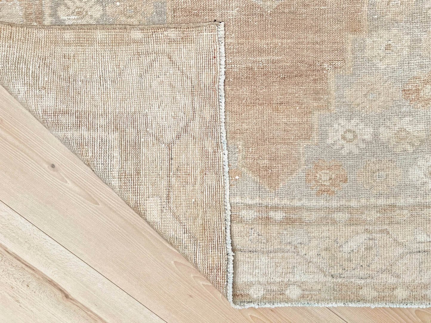 muted oushak turkish vintage runner rug 3x7 distressed low pile soft neutral beige taupe floral medallion transitional wool rug indigo rugs san francisco bay area