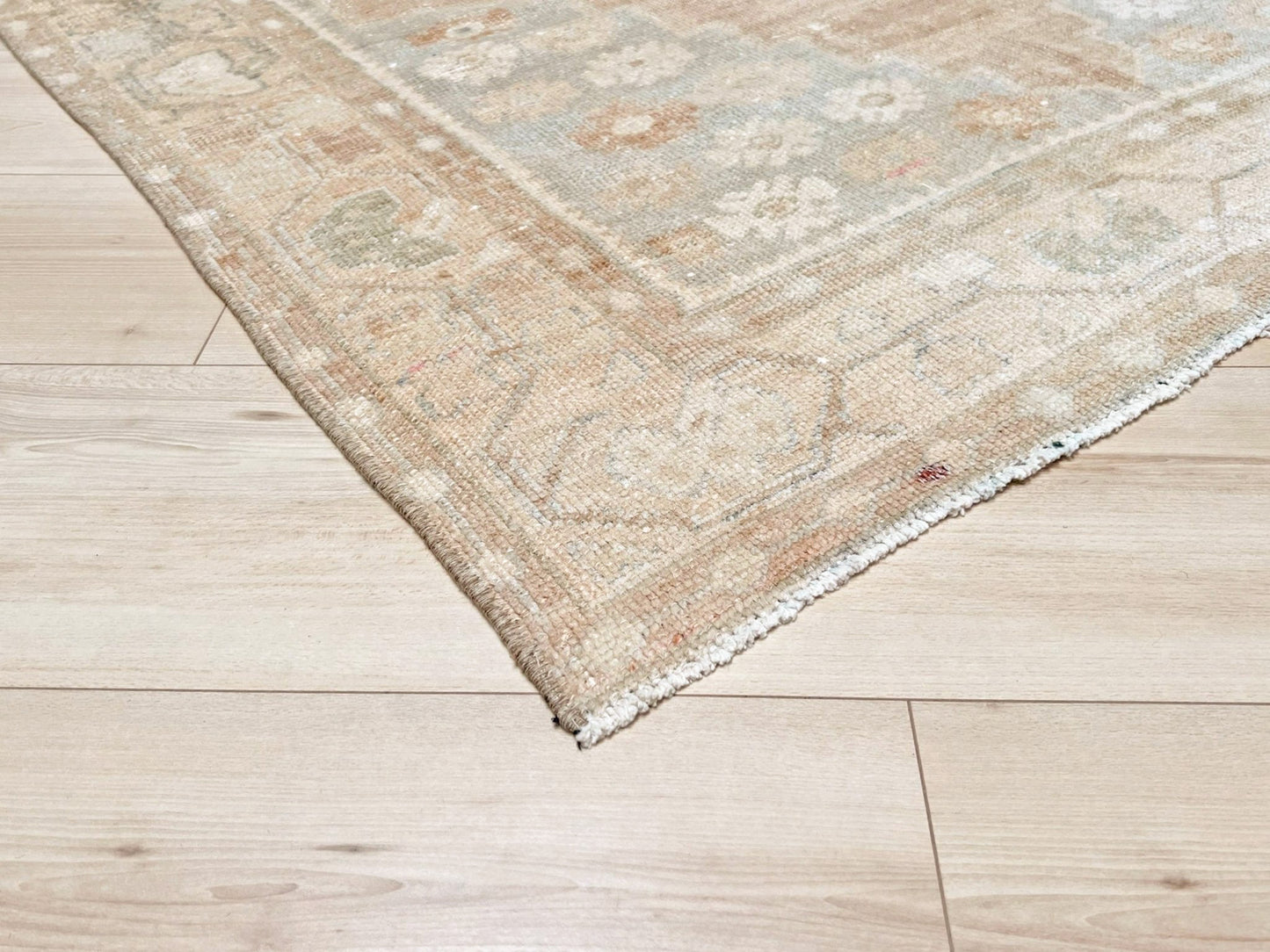 muted oushak turkish vintage runner rug 3x7 distressed low pile soft neutral beige taupe floral medallion transitional wool rug indigo rugs san francisco bay area