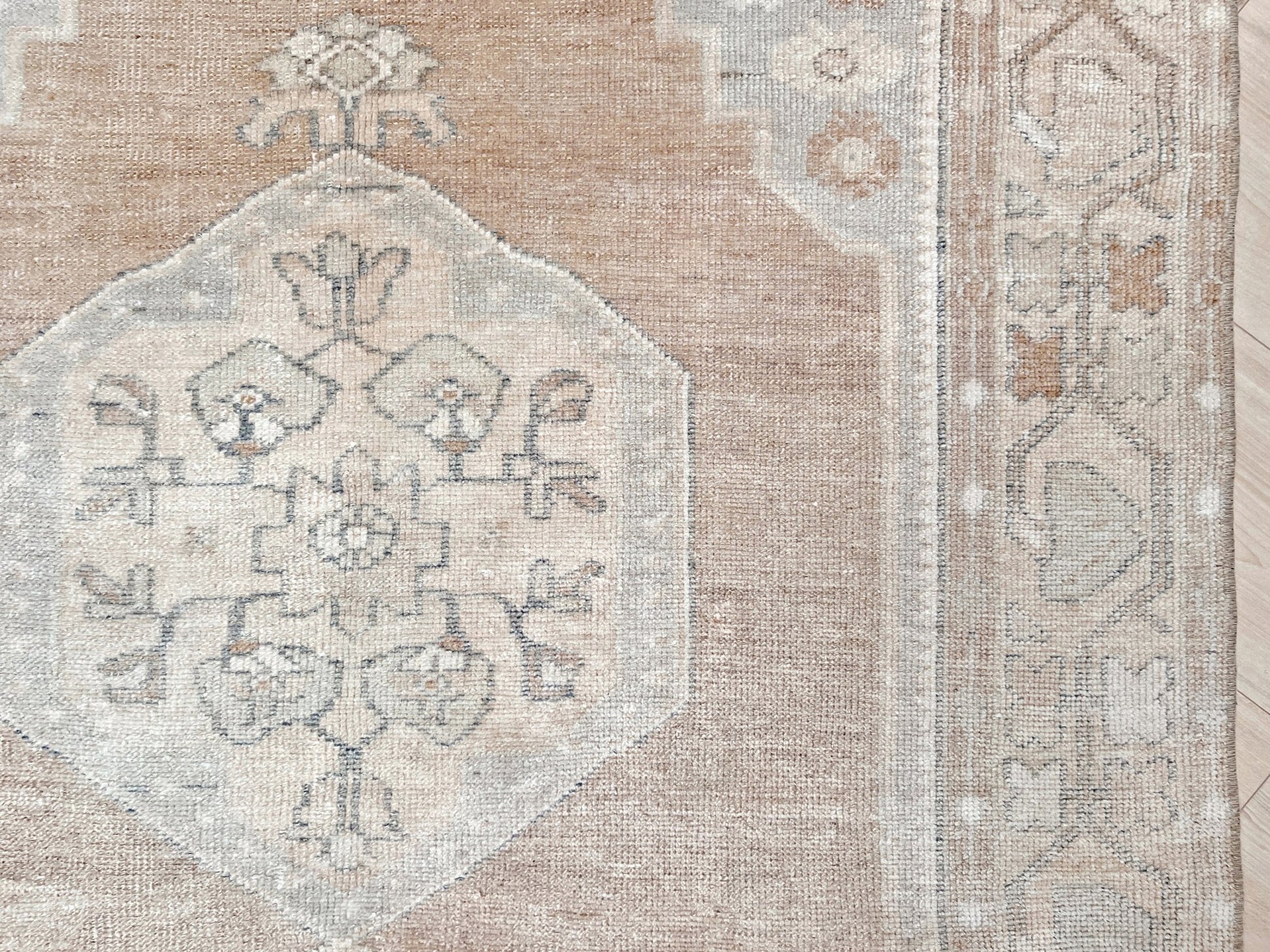 muted oushak turkish vintage runner rug 3x7 distressed low pile soft neutral beige taupe floral medallion transitional wool rug indigo rugs san francisco bay area