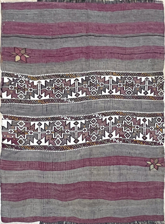 embroidered striped purple vintage turkish kilim rug shop san francisco bay area. Handmade wool flatweave vintage rug shop