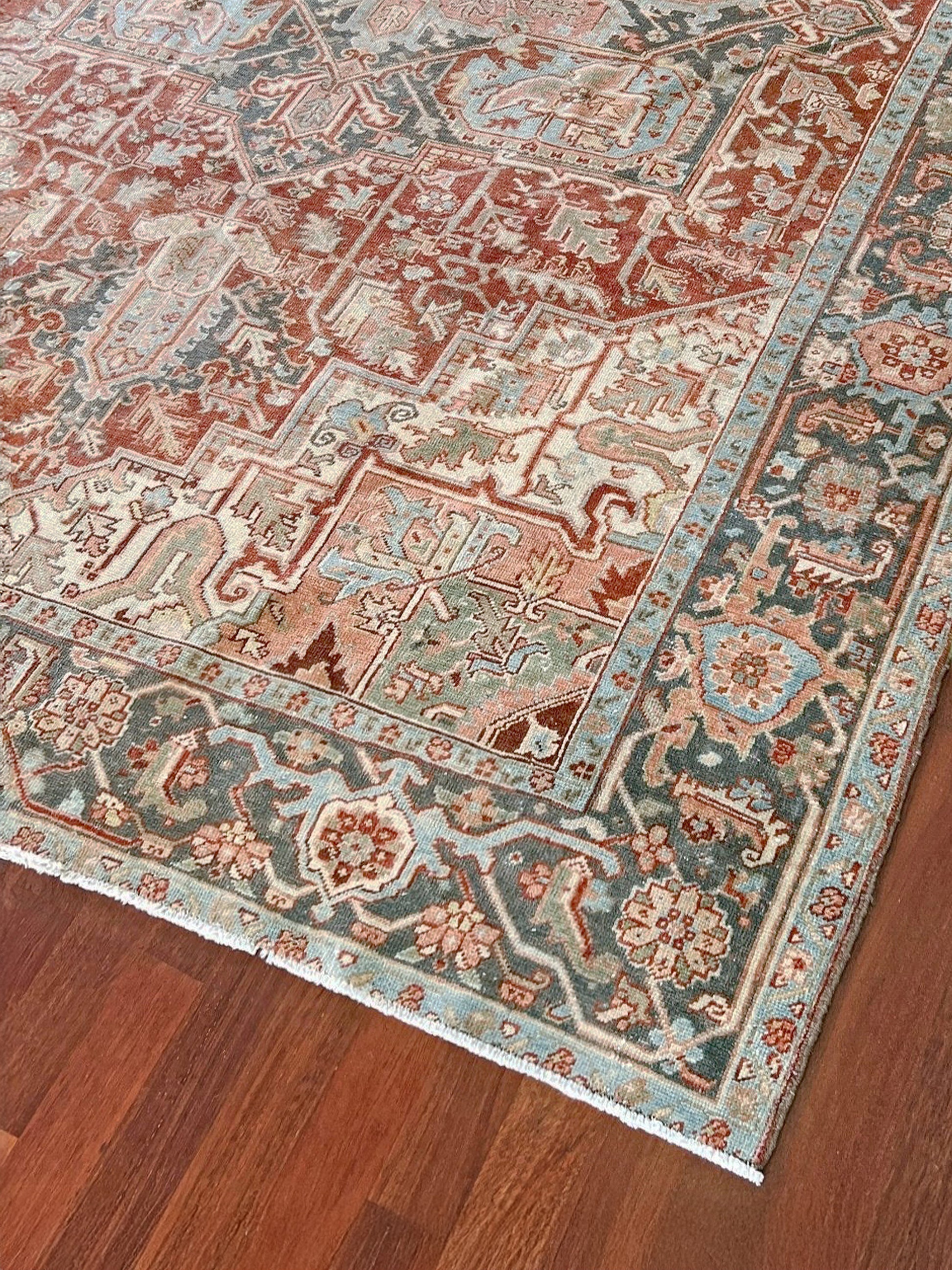 Rust Red Vintage Persian Serapi Heriz area rug. 8x11 Geometric medallion, low pile wool handmade rug ideal for living rooms, bedrooms, dining rooms. from Indigo Rugs, Burlingame — the best rug shop in the San Francisco Bay Area. Free shipping.