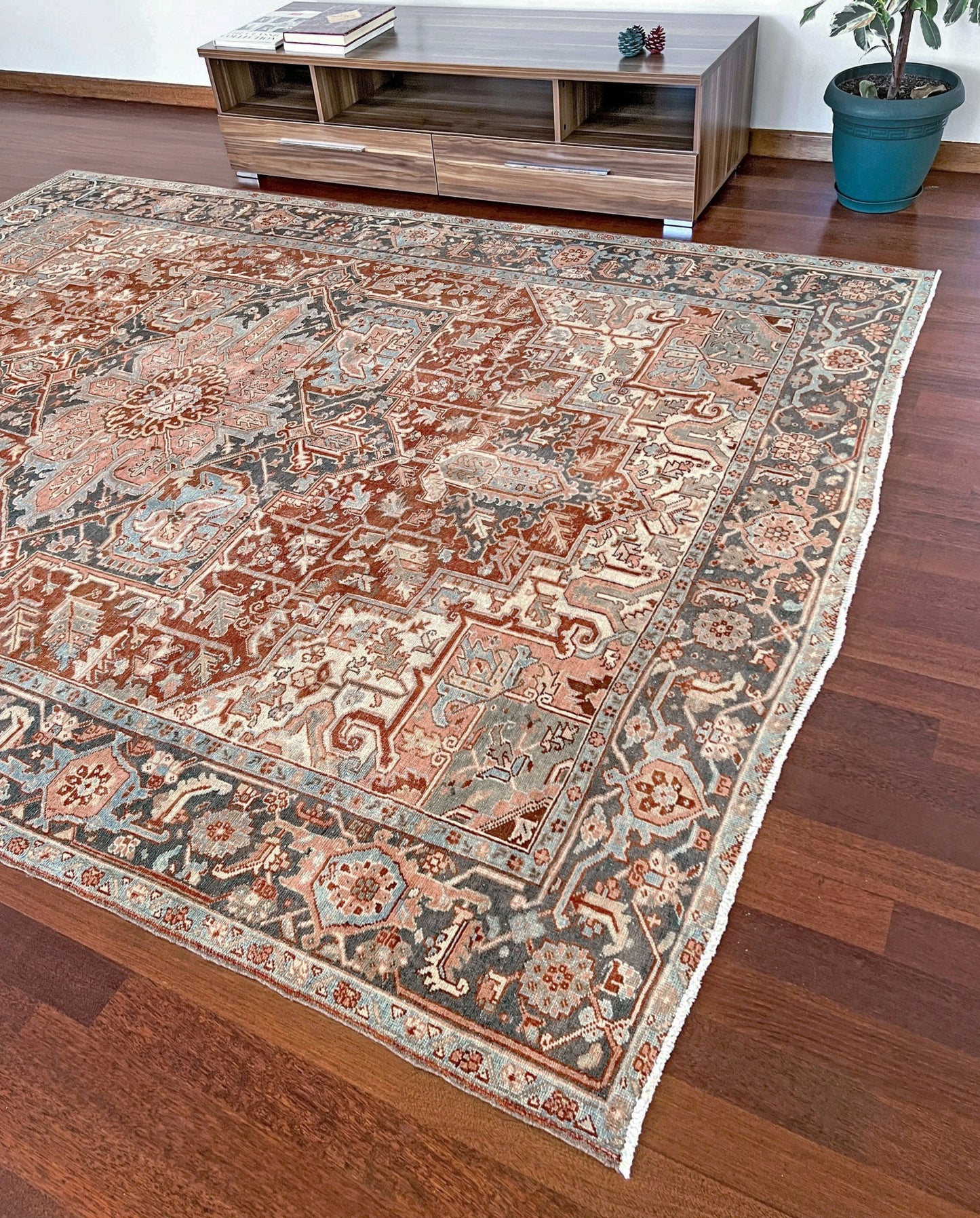 Rust Red Vintage Persian Serapi Heriz area rug. 8x11 Geometric medallion, low pile wool handmade rug ideal for living rooms, bedrooms, dining rooms. from Indigo Rugs, Burlingame — the best rug shop in the San Francisco Bay Area. Free shipping.