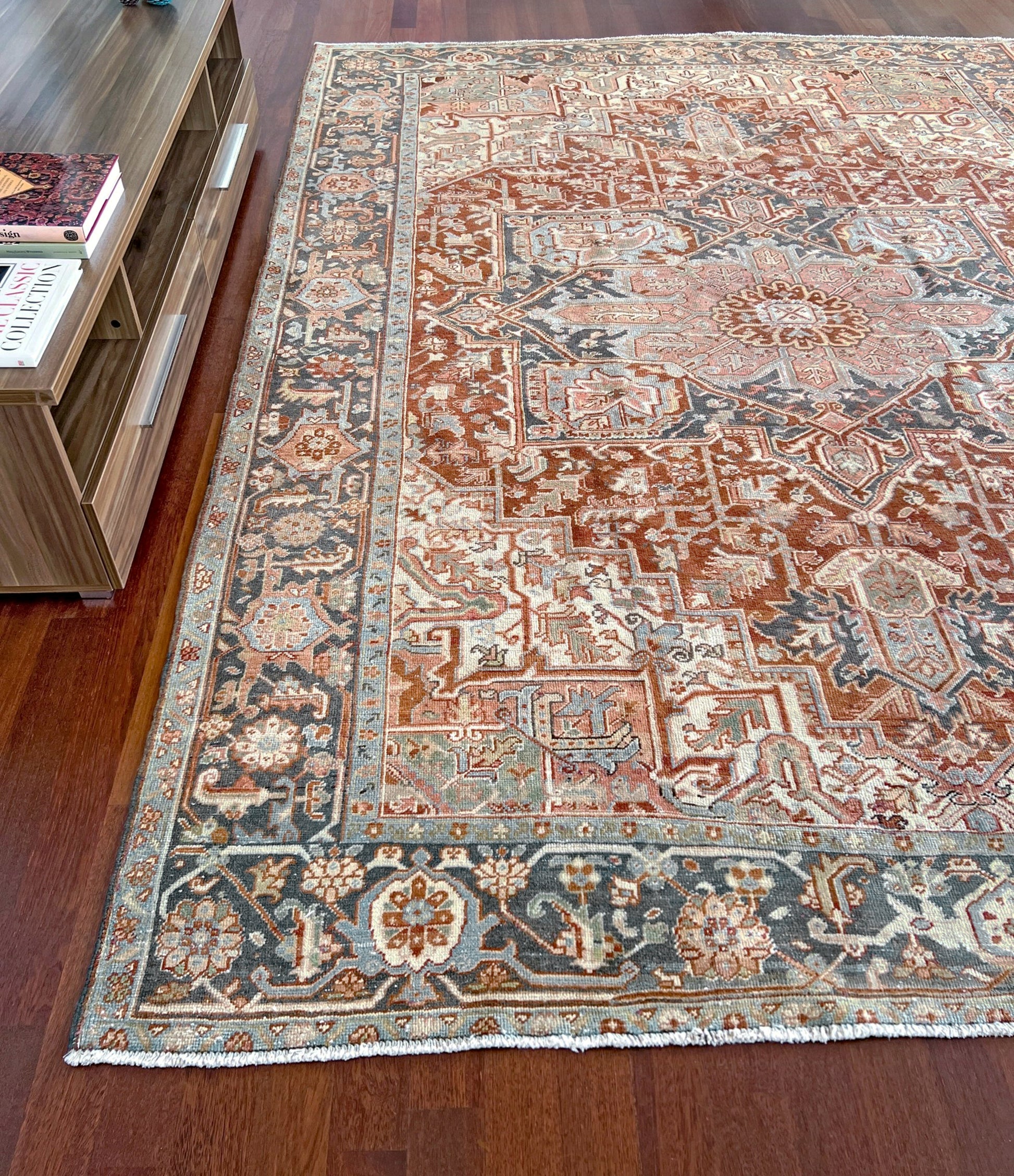 Rust Red Vintage Persian Serapi Heriz area rug. 8x11 Geometric medallion, low pile wool handmade rug ideal for living rooms, bedrooms, dining rooms. from Indigo Rugs, Burlingame — the best rug shop in the San Francisco Bay Area. Free shipping.