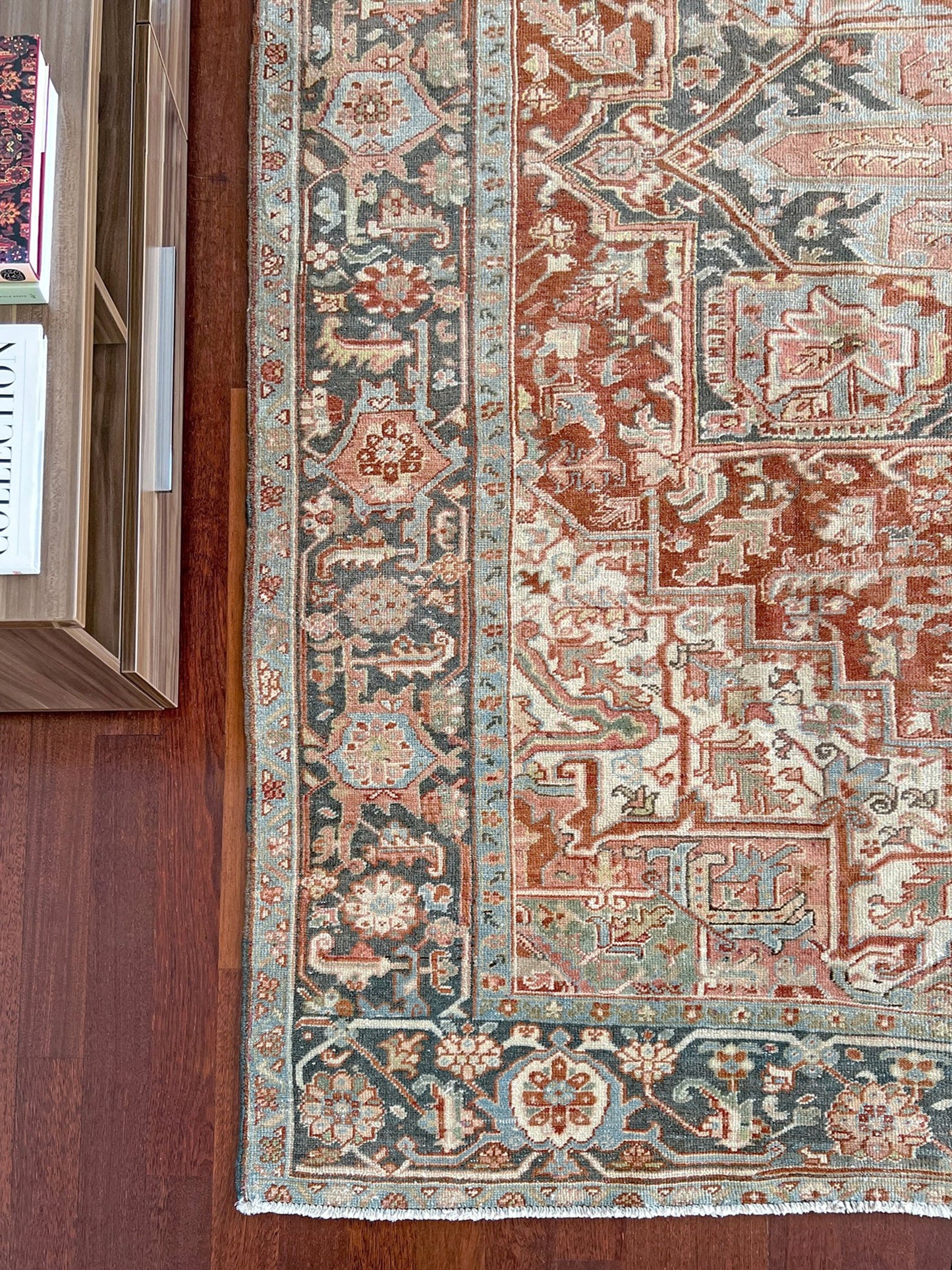 Rust Red Vintage Persian Serapi Heriz area rug. 8x11 Geometric medallion, low pile wool handmade rug ideal for living rooms, bedrooms, dining rooms. from Indigo Rugs, Burlingame — the best rug shop in the San Francisco Bay Area. Free shipping.