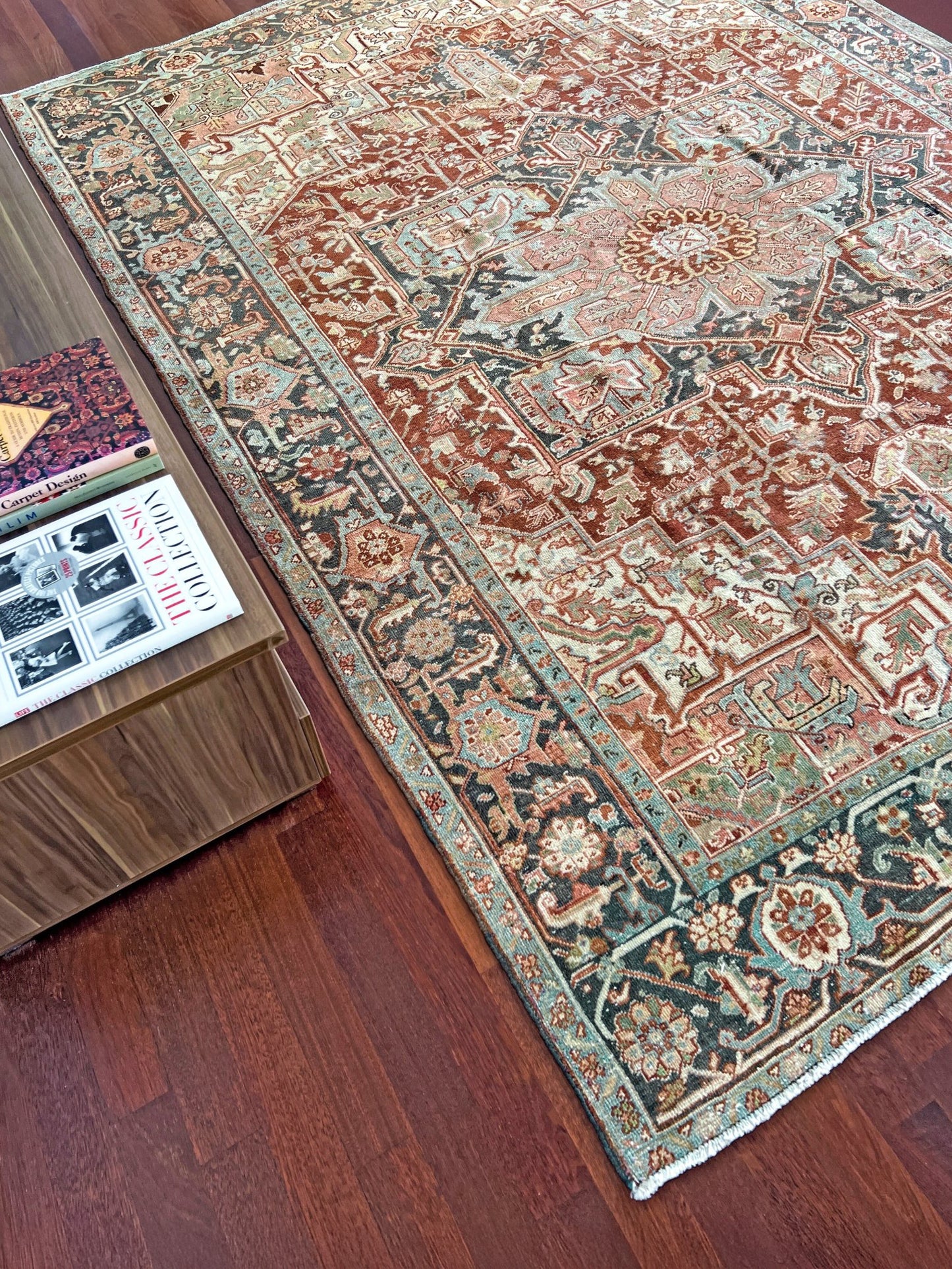 Rust Red Vintage Persian Serapi Heriz area rug. 8x11 Geometric medallion, low pile wool handmade rug ideal for living rooms, bedrooms, dining rooms. from Indigo Rugs, Burlingame — the best rug shop in the San Francisco Bay Area. Free shipping.