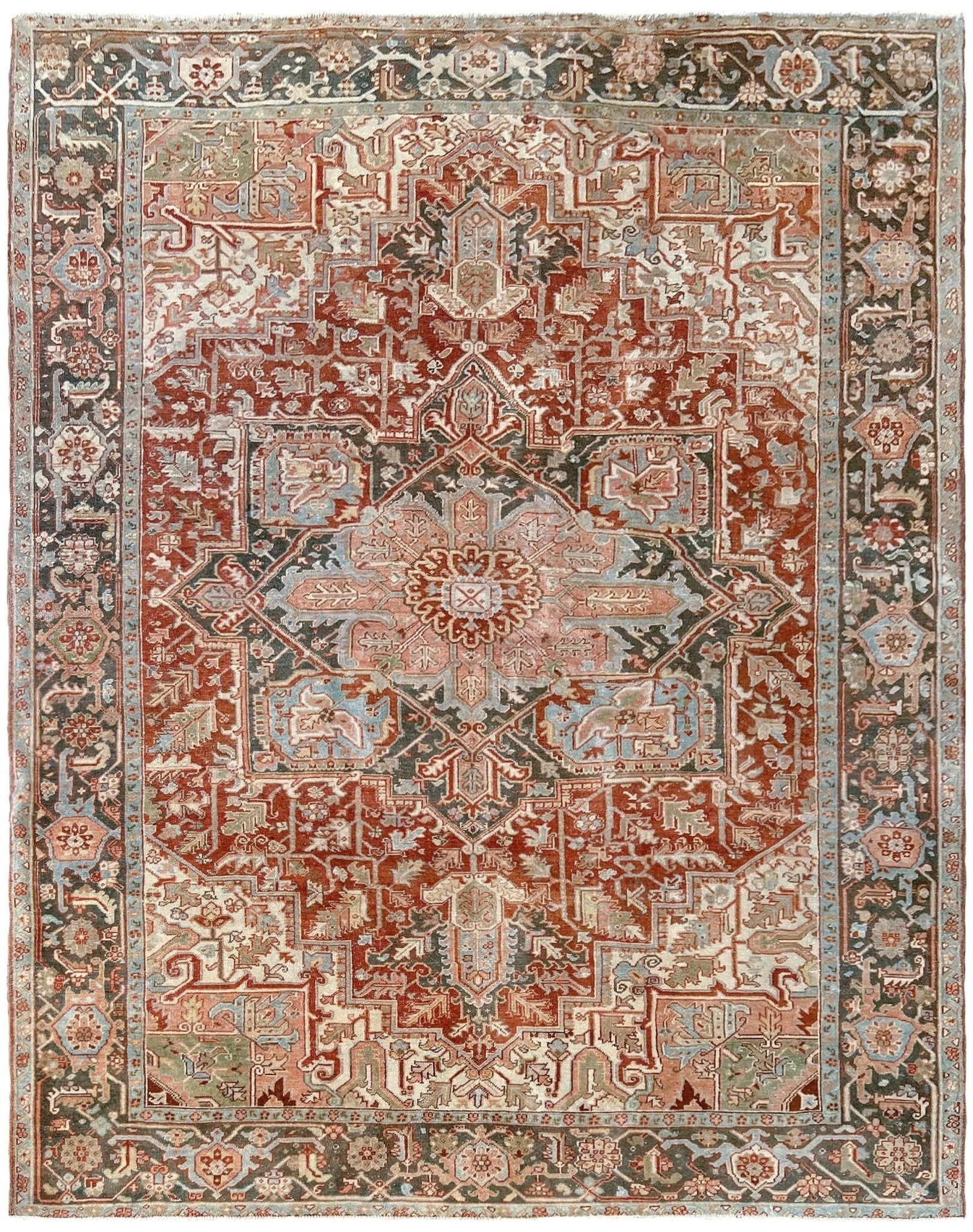 Rust Red Heriz Serapi vintage Persian area rug. 8x11 Geometric medallion, low pile wool handmade rug ideal for living rooms, bedrooms, dining rooms. from Indigo Rugs, Burlingame — the best rug shop in the San Francisco Bay Area. Free shipping.