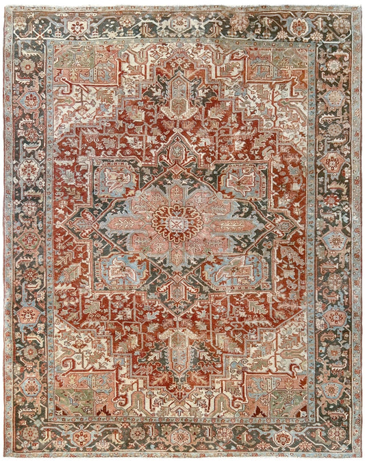 Rust Red Heriz Serapi vintage Persian area rug. 8x11 Geometric medallion, low pile wool handmade rug ideal for living rooms, bedrooms, dining rooms. from Indigo Rugs, Burlingame — the best rug shop in the San Francisco Bay Area. Free shipping.