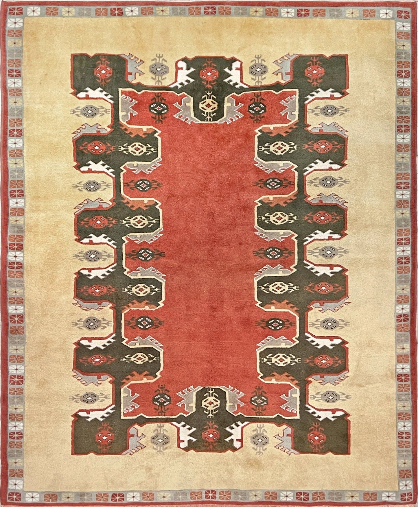 Decorative rug with geometric pattern on beige background. 6x7 Beige Terracotta red Konya Turkish Soft Rug. Vintage Rug Shop San Francisco Bay Area. 