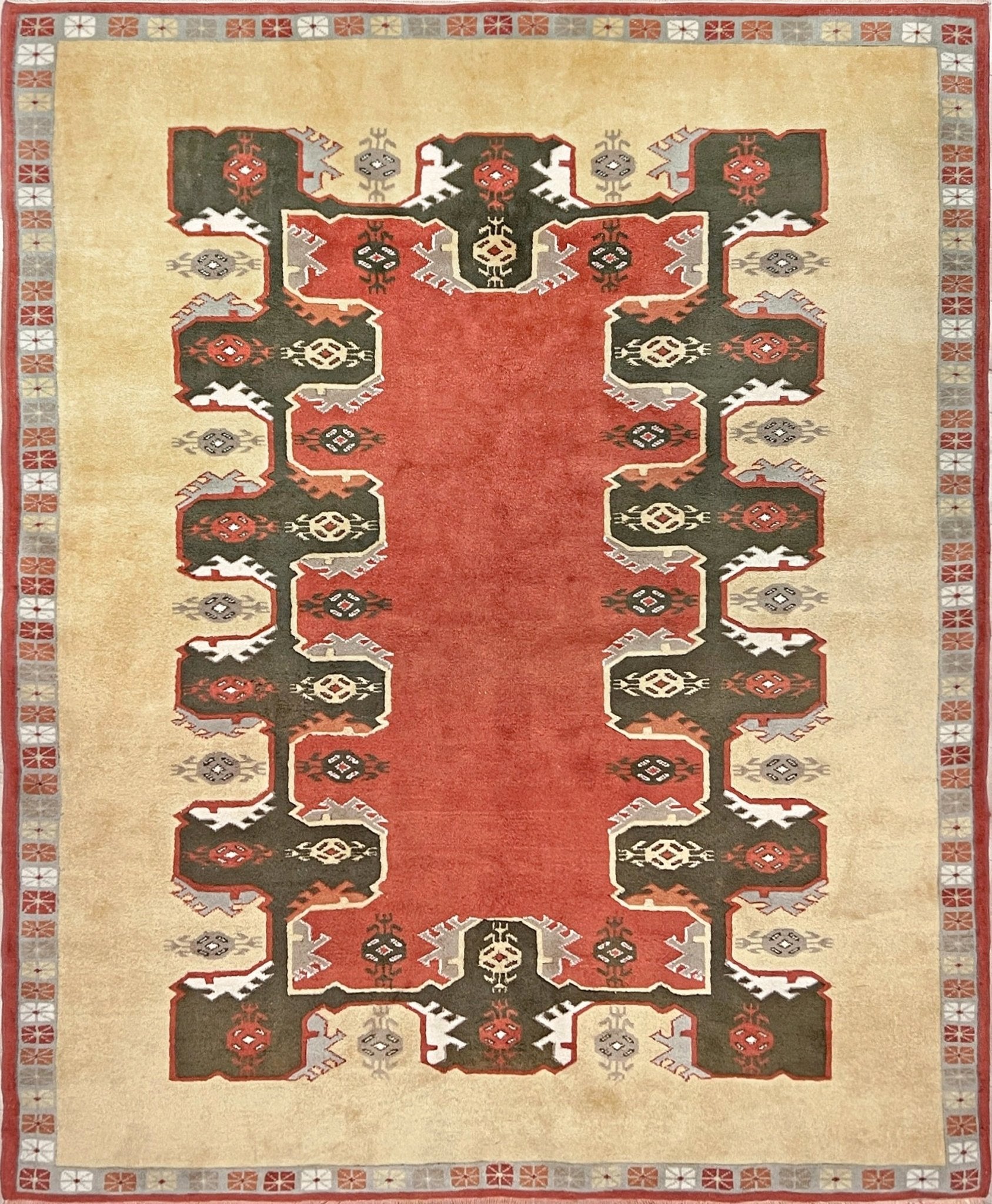 Decorative rug with geometric pattern on beige background. 6x7 Beige Terracotta red Konya Turkish Soft Rug. Vintage Rug Shop San Francisco Bay Area. 