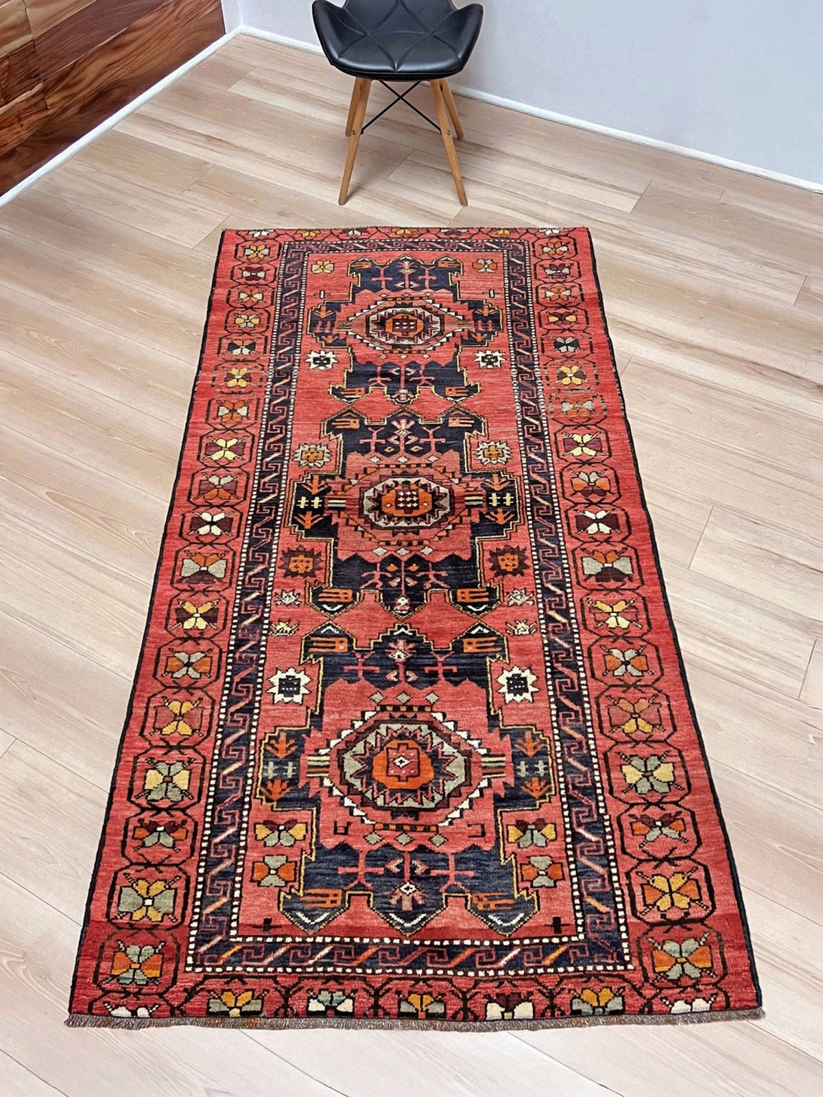 Vintage Derbend Caucasian vibrant runner rug 3x7 with terracotta, navy, camel and tribal village motifs — free shipping from the best rug shop in the San Francisco Bay Area, Burlingame CA.