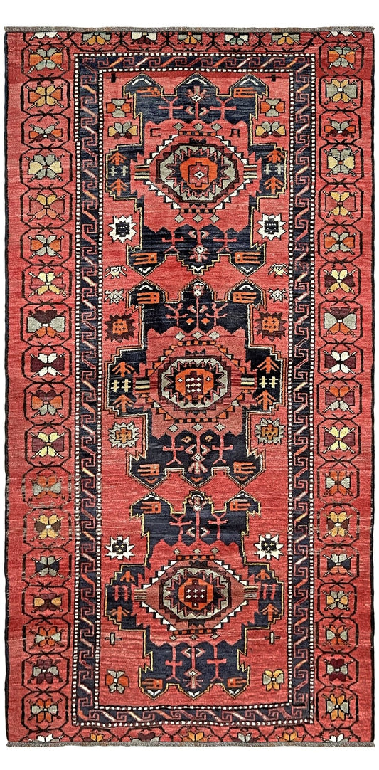 Vintage Derbend Caucasian vibrant runner rug 3x7 with terracotta, navy, camel and tribal village motifs — free shipping from the best rug shop in the San Francisco Bay Area, Burlingame CA.