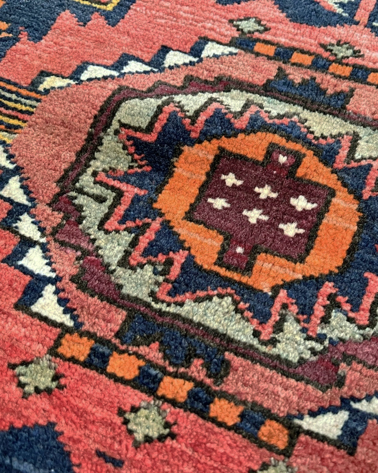 Vintage Derbend Caucasian runner rug 3x7 with terracotta field, navy medallions, camel and ivory accents, and tribal village motifs — free shipping from the best rug shop in the San Francisco Bay Area, Burlingame CA.