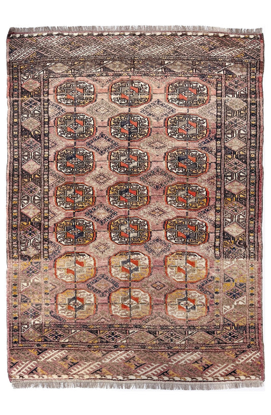 Earthy Muted Bukhara Turkmen rug  vintage handwoven wool carpet with tribal gul motifs and aged patina, 4x5 neutral area rug for entry under desk nursery, living room, bedroom, study, office.