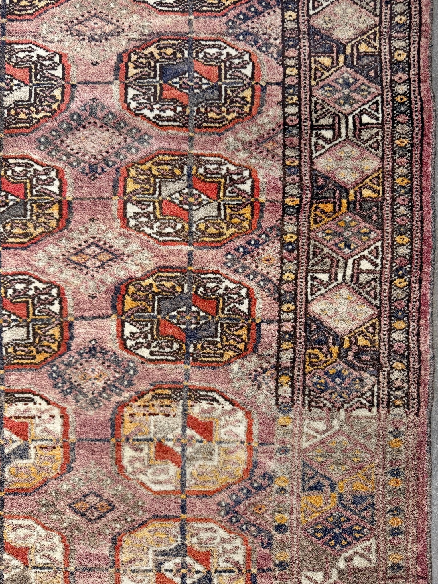 Earthy Muted Bukhara Turkmen rug  vintage handwoven wool carpet with tribal gul motifs and aged patina, 4x5 neutral area rug for entry under desk nursery, living room, bedroom, study, office.