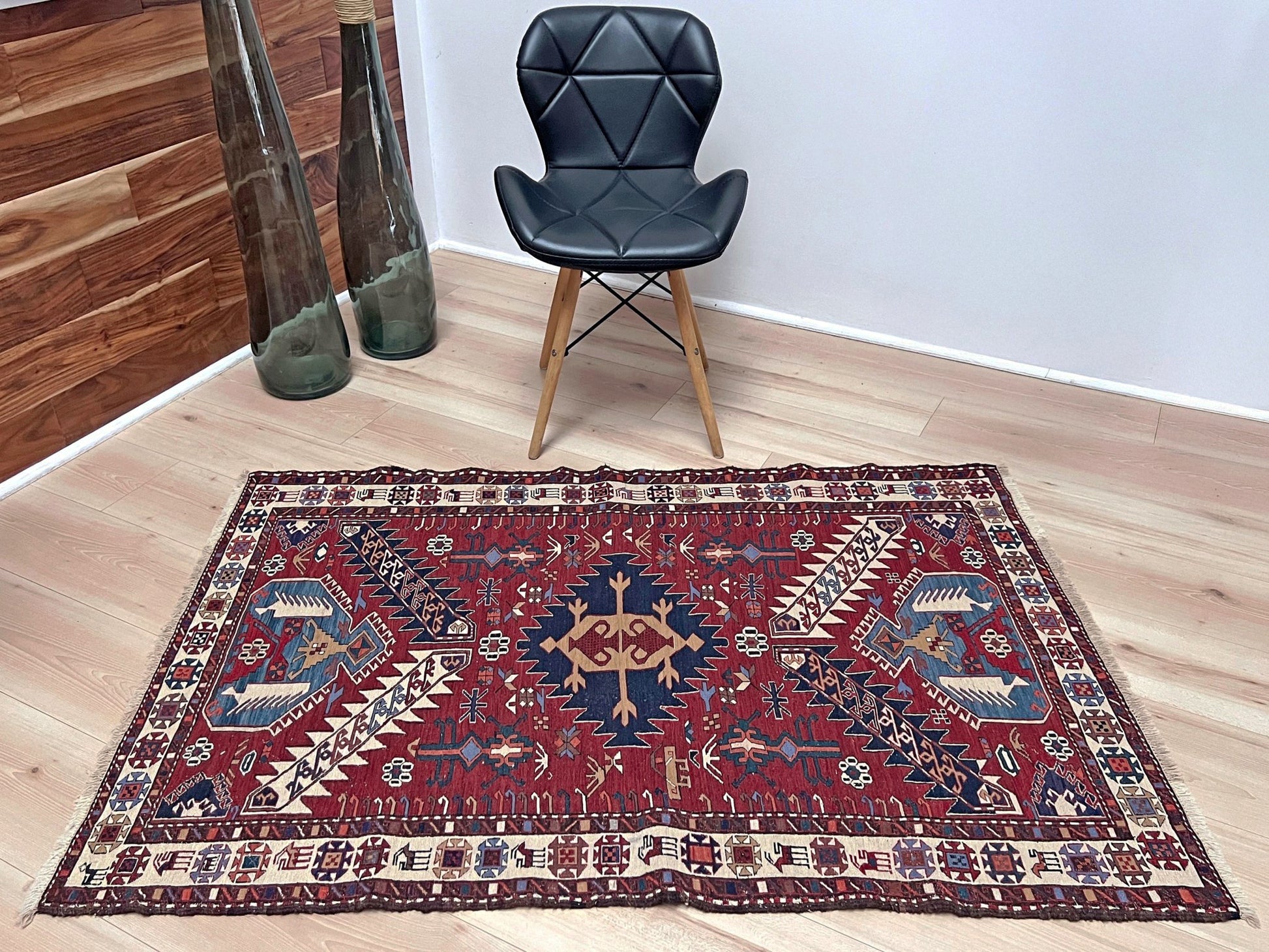 Vintage Shahsavan Soumak flatweave rug from Northwest Iran featuring red, ivory, and blue tribal medallions — handmade Persian wool 3x5 wall hanging, available at Indigo Rugs, the best rug shop in San Francisco Bay Area, Burlingame CA.
