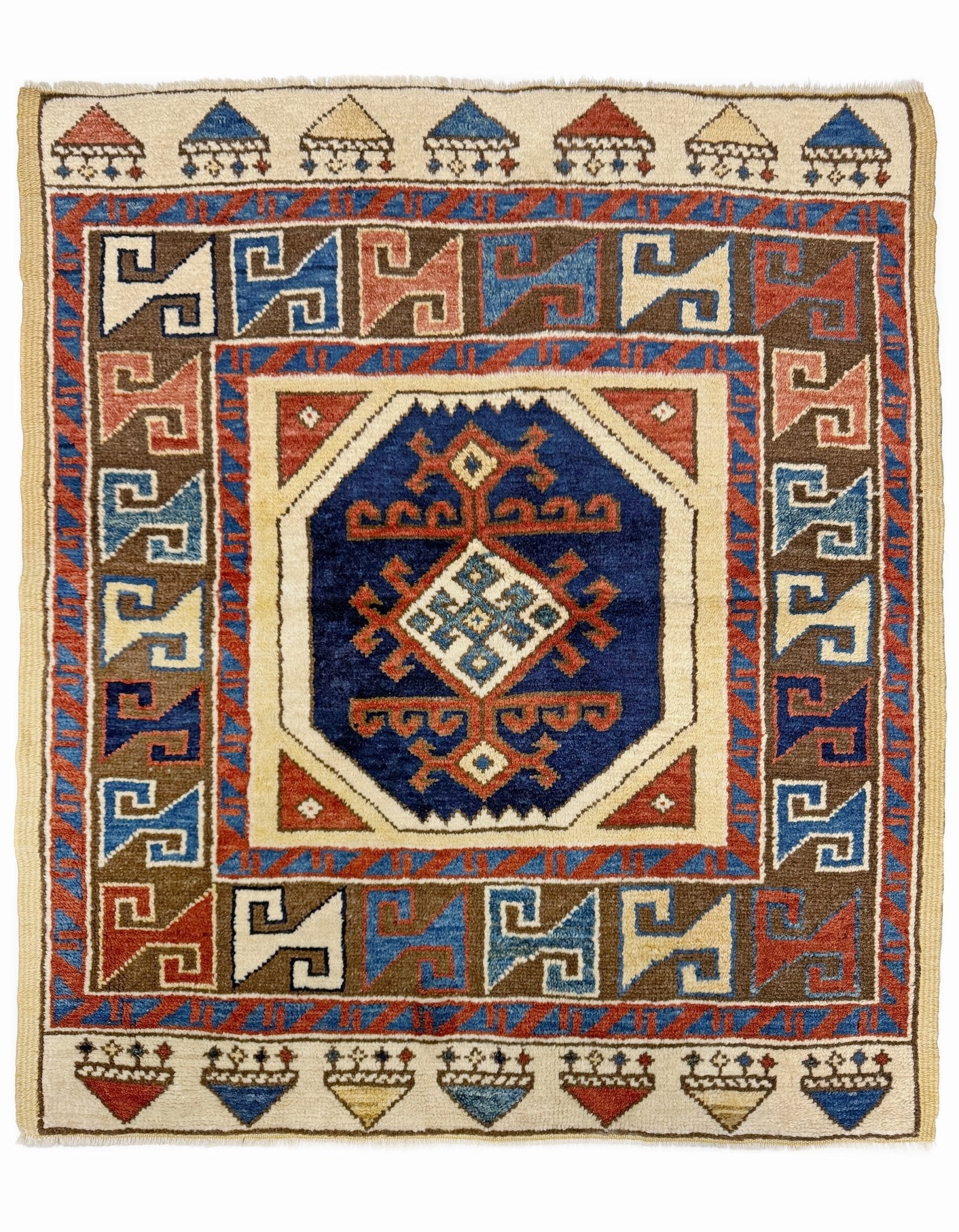 3x3 Square Turkish handmade wool mini geometric rug with beige, navy colors. Wool hand knotted scatter rug shop san francisco bay area.