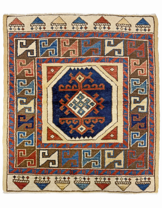 3x3 Square Turkish handmade wool mini geometric rug with beige, navy colors. Wool hand knotted scatter rug shop san francisco bay area.