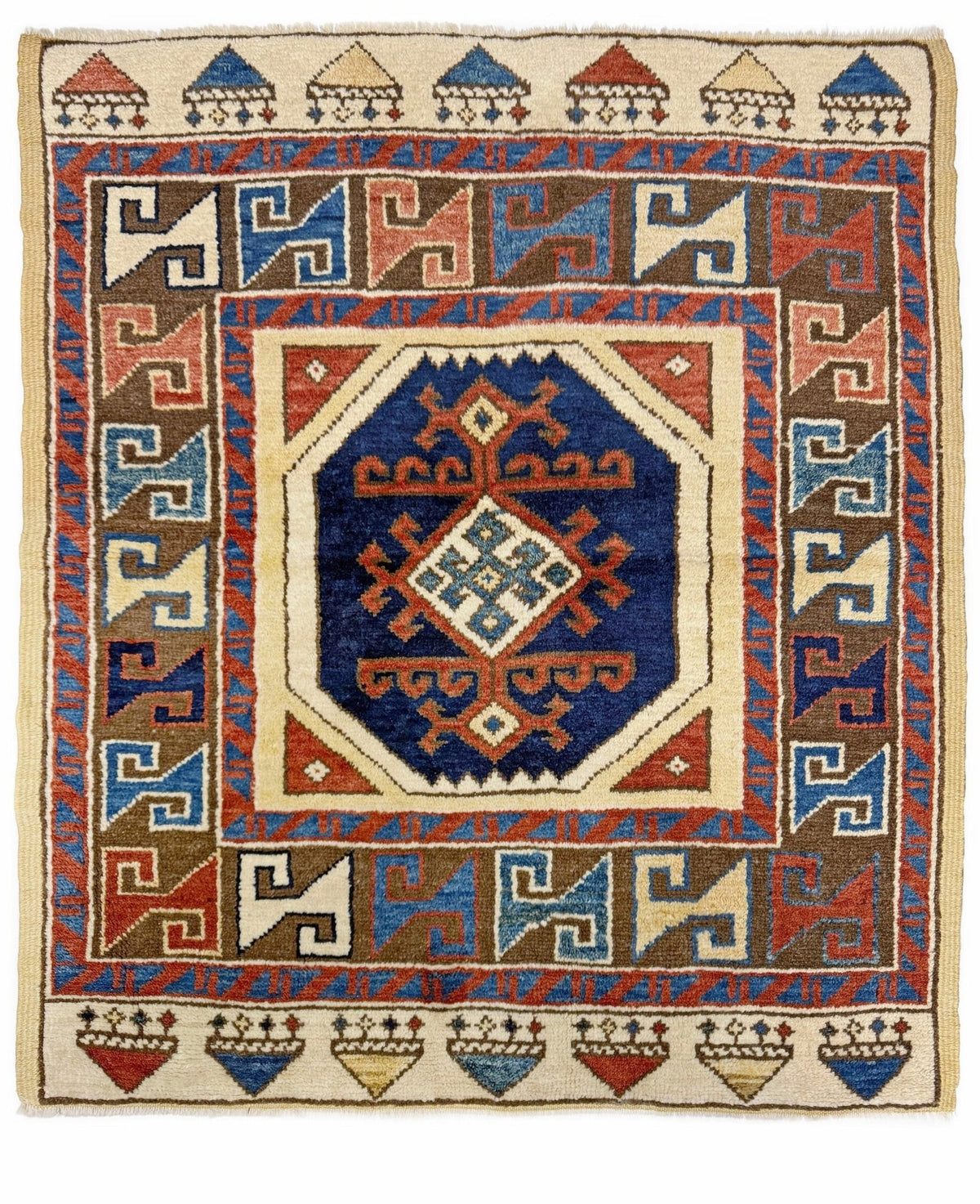 3x3 Square Turkish handmade wool mini geometric rug with beige, navy colors. Wool hand knotted scatter rug shop san francisco bay area.