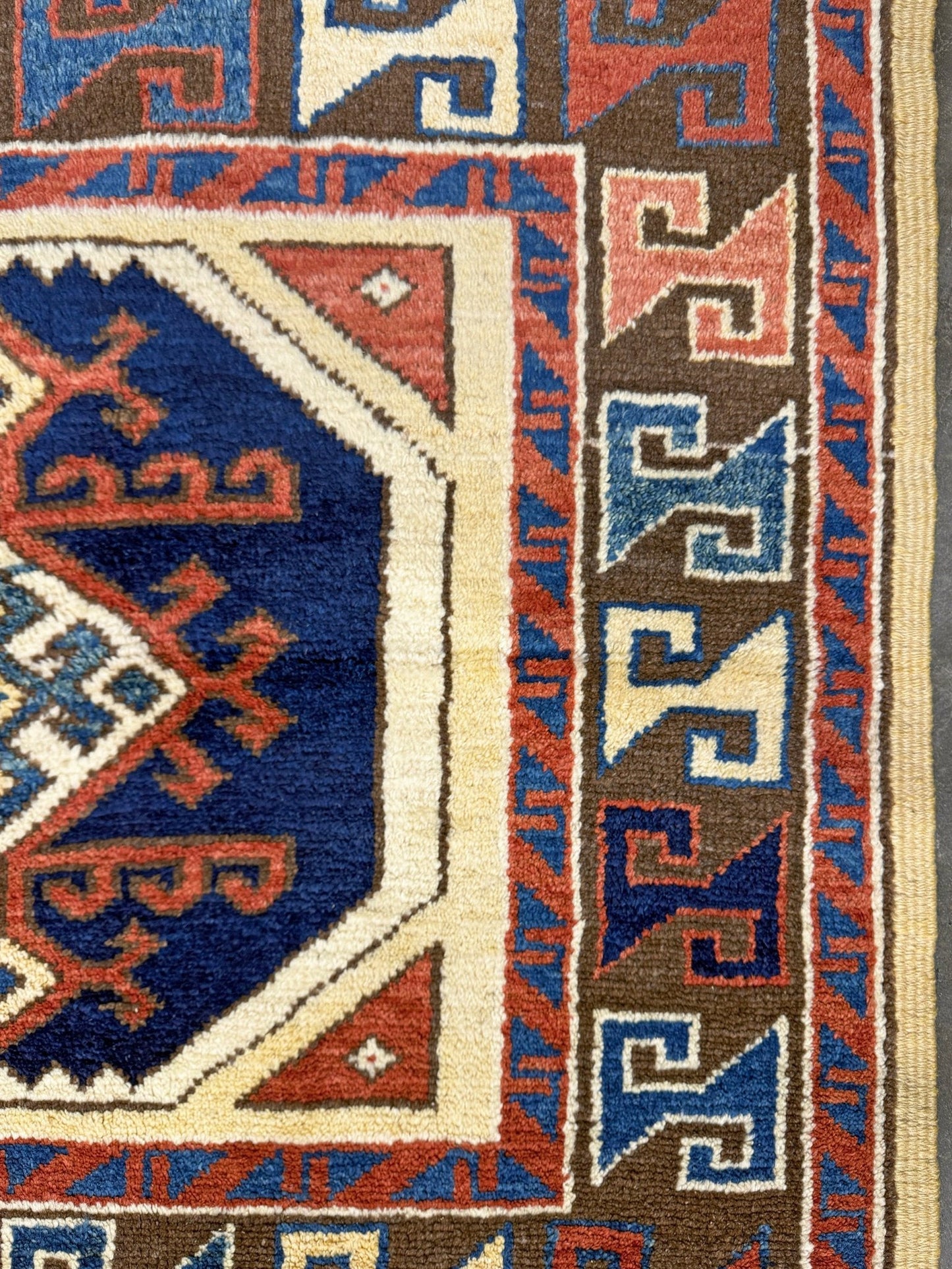 3x3 Square Turkish handmade wool mini geometric rug with beige, navy colors. Wool hand knotted scatter rug shop san francisco bay area.