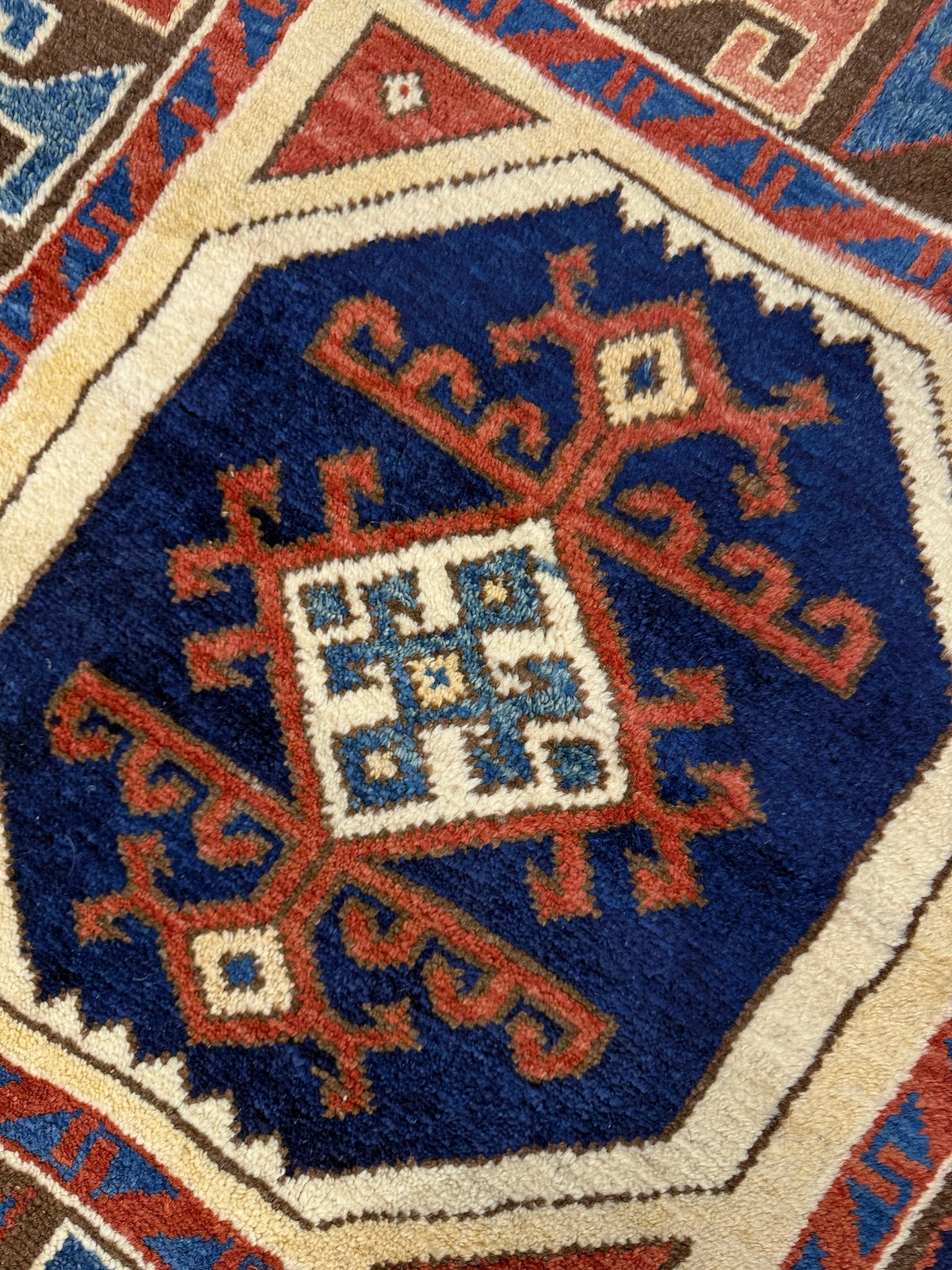 3x3 Square Turkish handmade wool mini geometric rug with beige, navy colors. Wool hand knotted scatter rug shop san francisco bay area.