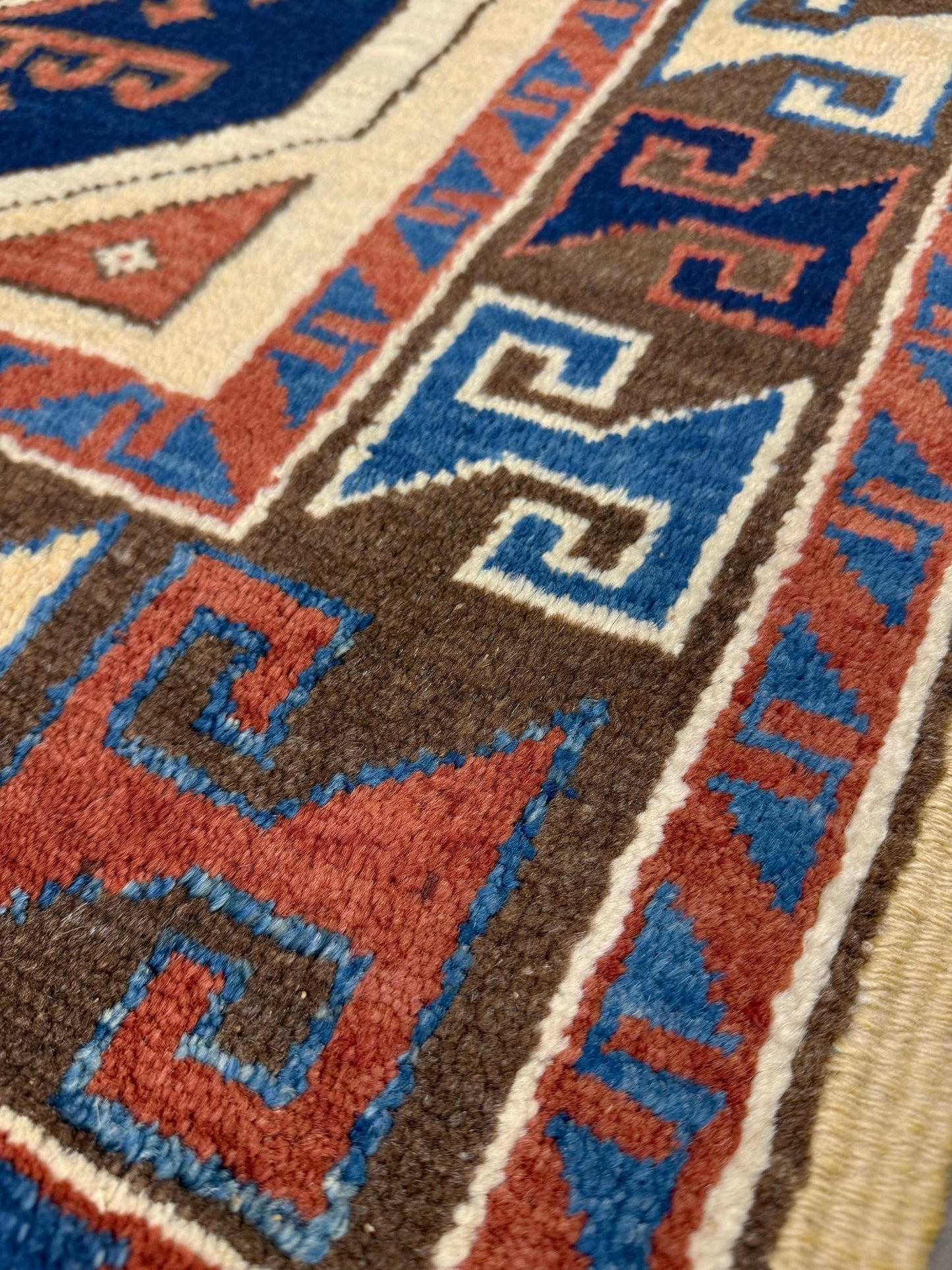 3x3 Square Turkish handmade wool mini geometric rug with beige, navy colors. Wool hand knotted scatter rug shop san francisco bay area.