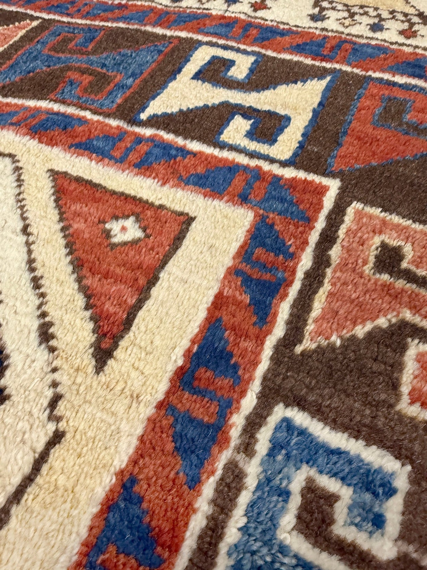 3x3 Square Turkish handmade wool mini geometric rug with beige, navy colors. Wool hand knotted scatter rug shop san francisco bay area.