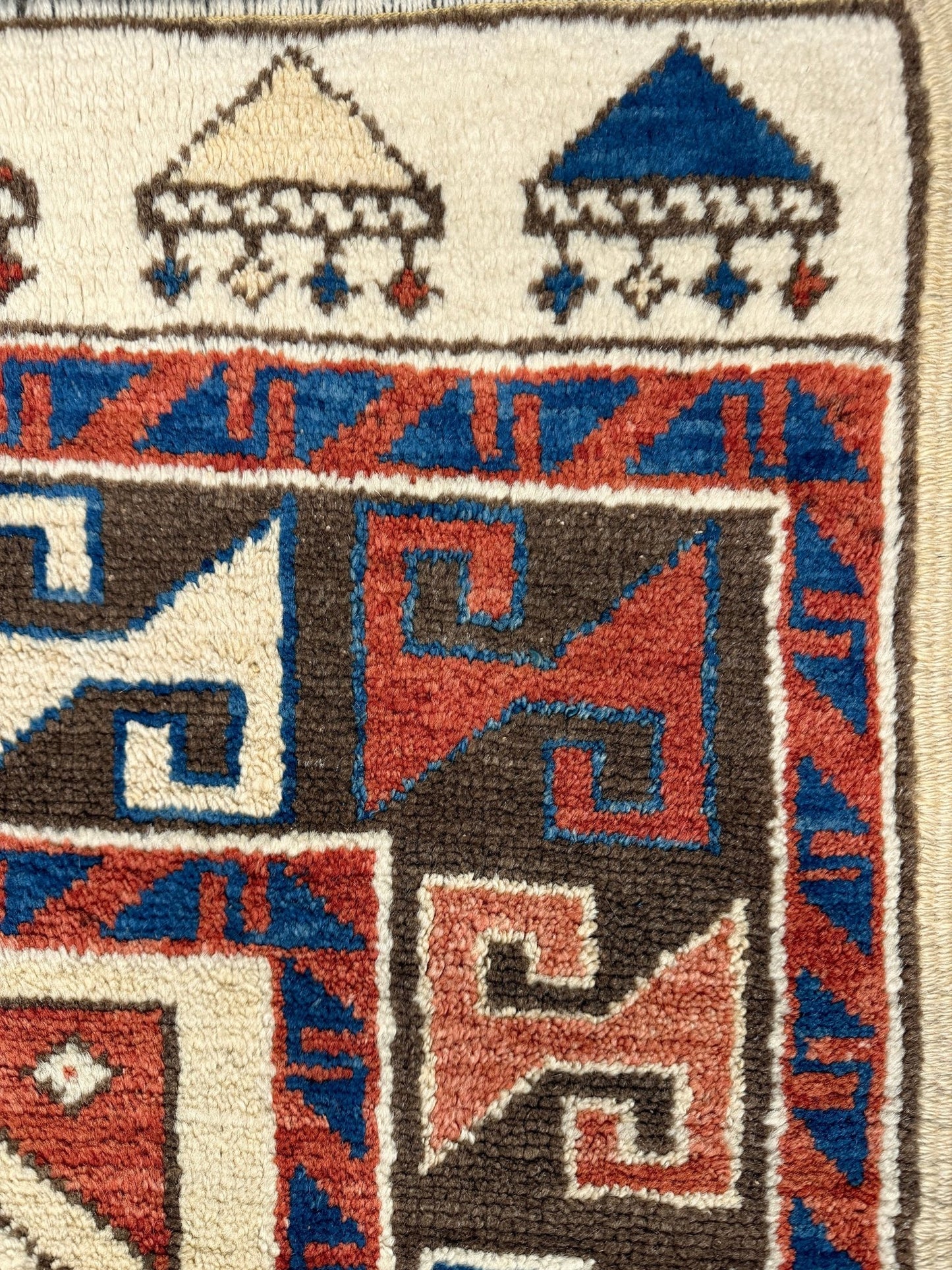 Beige & Navy Konya Tribal Rug • Handmade Turkish Geometric Scatter Rug (3'x3'6")