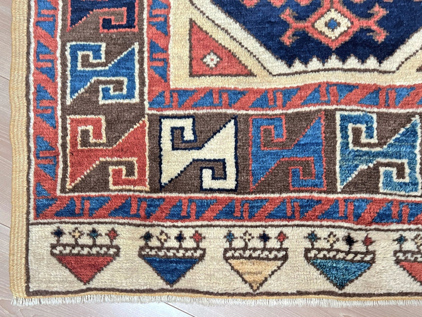3x3 Square Turkish handmade wool mini geometric rug with beige, navy colors. Wool hand knotted scatter rug shop san francisco bay area.
