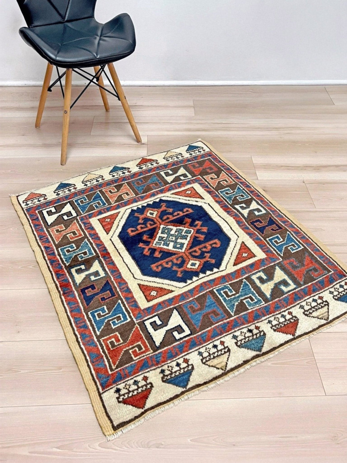 3x3 Square Turkish handmade wool mini geometric rug with beige, navy colors. Wool hand knotted scatter rug shop san francisco bay area.