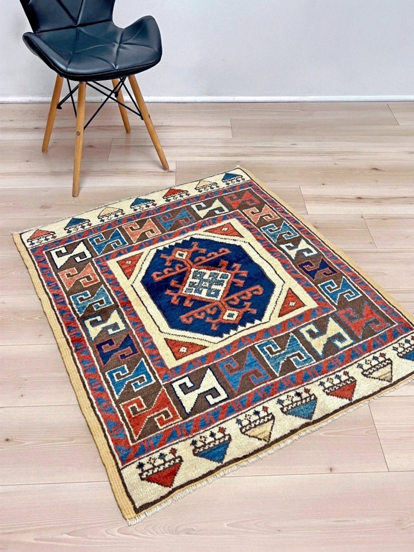 3x3 Square Turkish handmade wool mini geometric rug with beige, navy colors. Wool hand knotted scatter rug shop san francisco bay area.