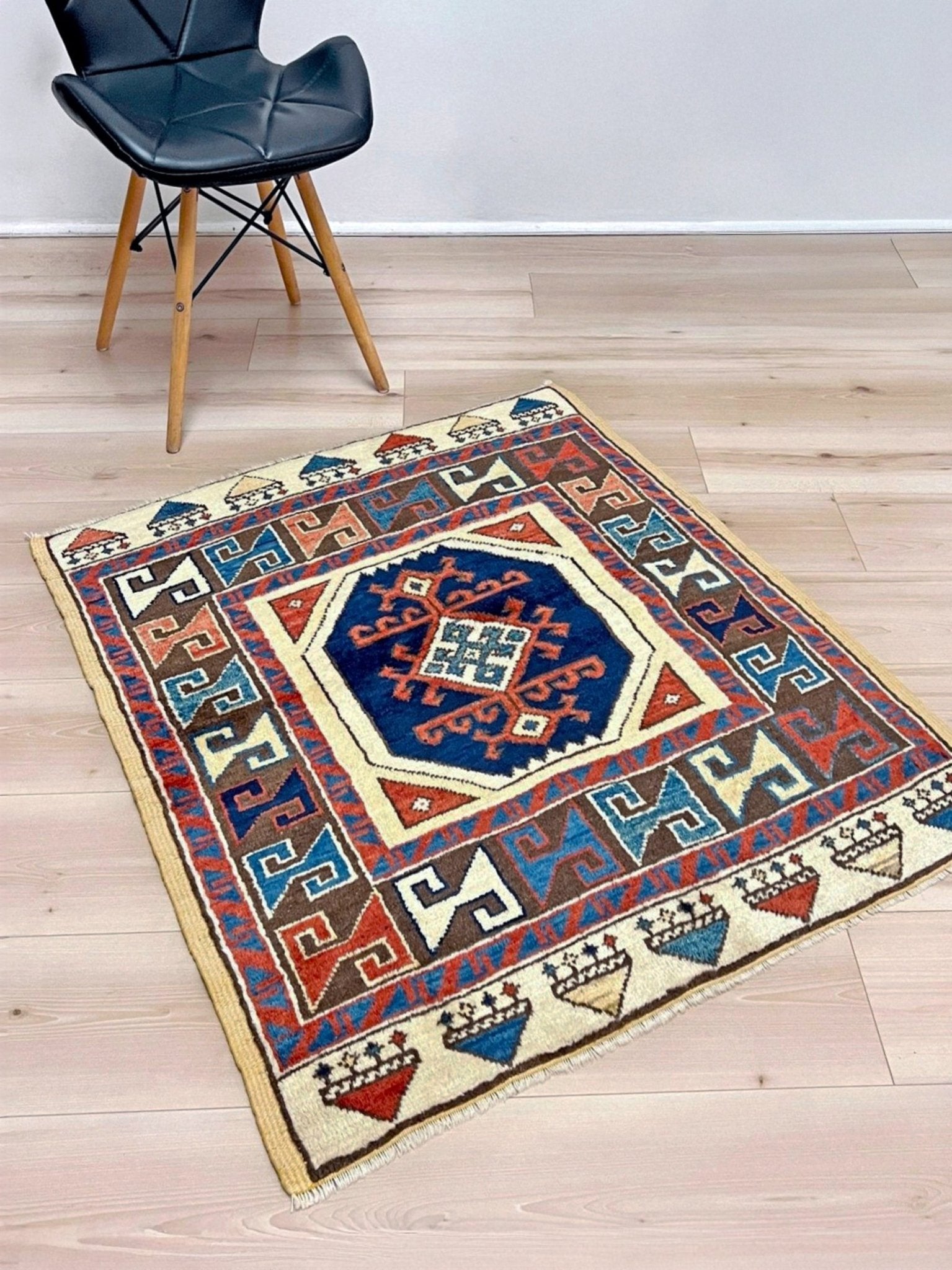 3x3 Square Turkish handmade wool mini geometric rug with beige, navy colors. Wool hand knotted scatter rug shop san francisco bay area.