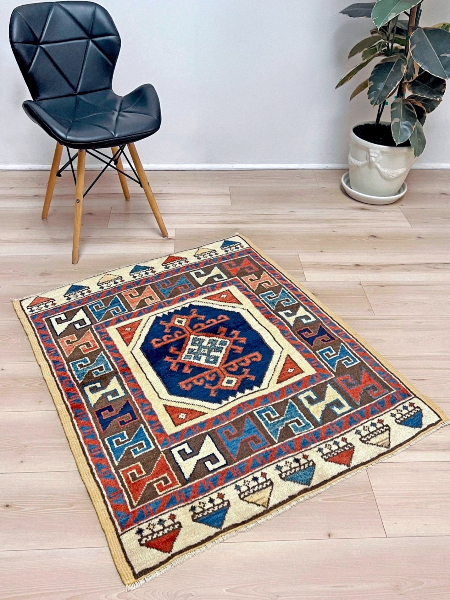 Turkish Konya handmade wool mini rug with geometric tribal medallion, navy field, and rust and ivory accents — 3×3.5 hand-knotted small carpet. square wool handmade Mini Rug rug shop san francisco bay area. Buy rug online free shipping USA Canada.