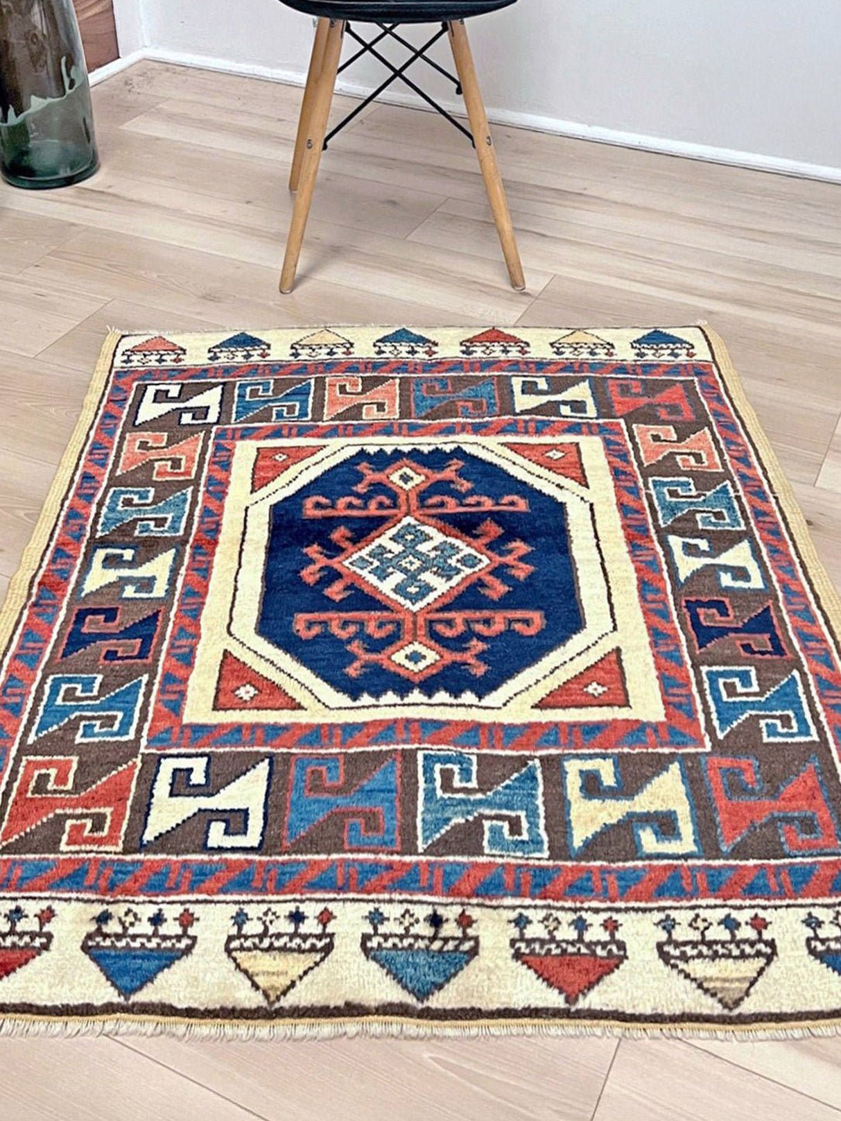Turkish Konya handmade wool mini rug with geometric tribal medallion, navy field, and rust and ivory accents — 3×3.5 hand-knotted small carpet. square wool handmade Mini Rug rug shop san francisco bay area. Buy rug online free shipping USA Canada.