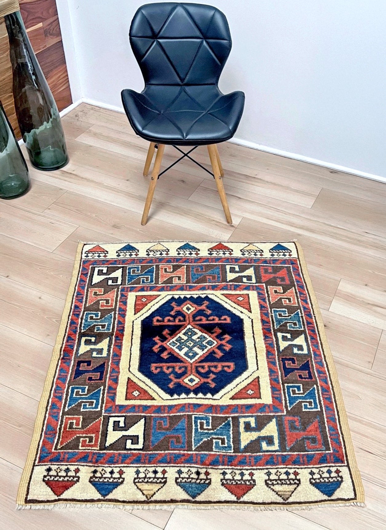 Turkish Konya handmade wool mini rug with geometric tribal medallion, navy field, and rust and ivory accents — 3×3.5 hand-knotted small carpet. square wool handmade Mini Rug rug shop san francisco bay area. Buy rug online free shipping USA Canada.