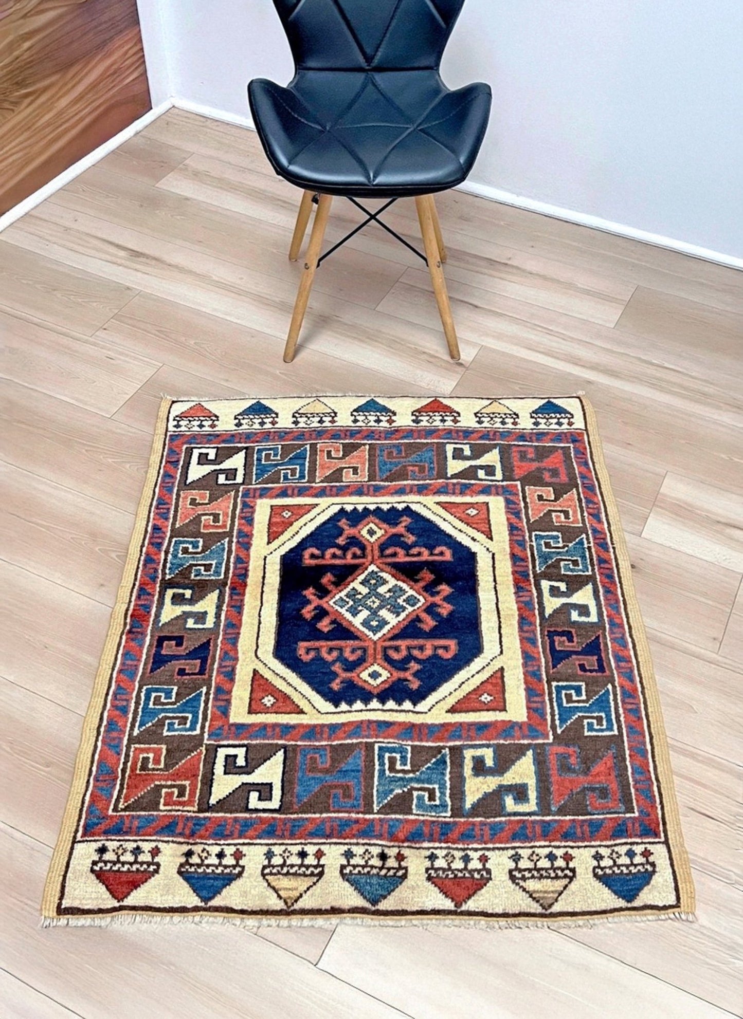 3x3 Square Turkish handmade wool mini geometric rug with beige, navy colors. Wool hand knotted scatter rug shop san francisco bay area.