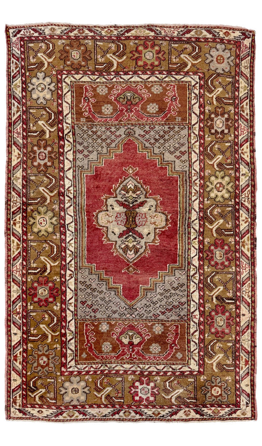 Vintage Turkish Kirsehir rug with russet red field and geometric medallion, hand-knotted wool pile on wool foundation, featuring camel, taupe, and faded gold floral borders — 1950s Anatolian small accent rug 3x5.