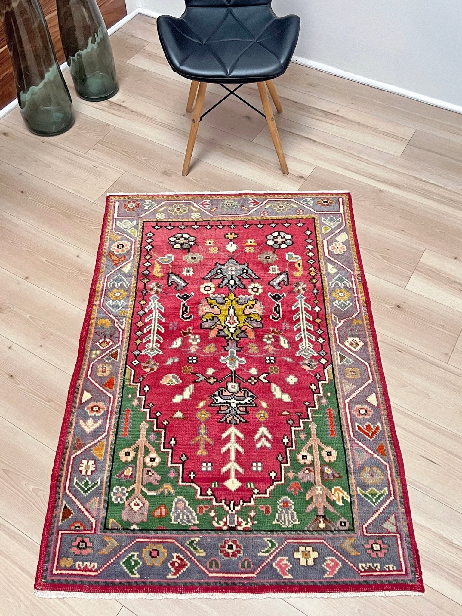 Vintage Turkish Maden prayer rug with russet rose field, emerald green spandrels, and floral motifs — handmade wool 3×4 mini carpet. intage turkish mini rug for entry bedroom bathroom under the desk nursery kitchen. Turkish rug shop san francisco bay area. Handmade wool rug buy online 