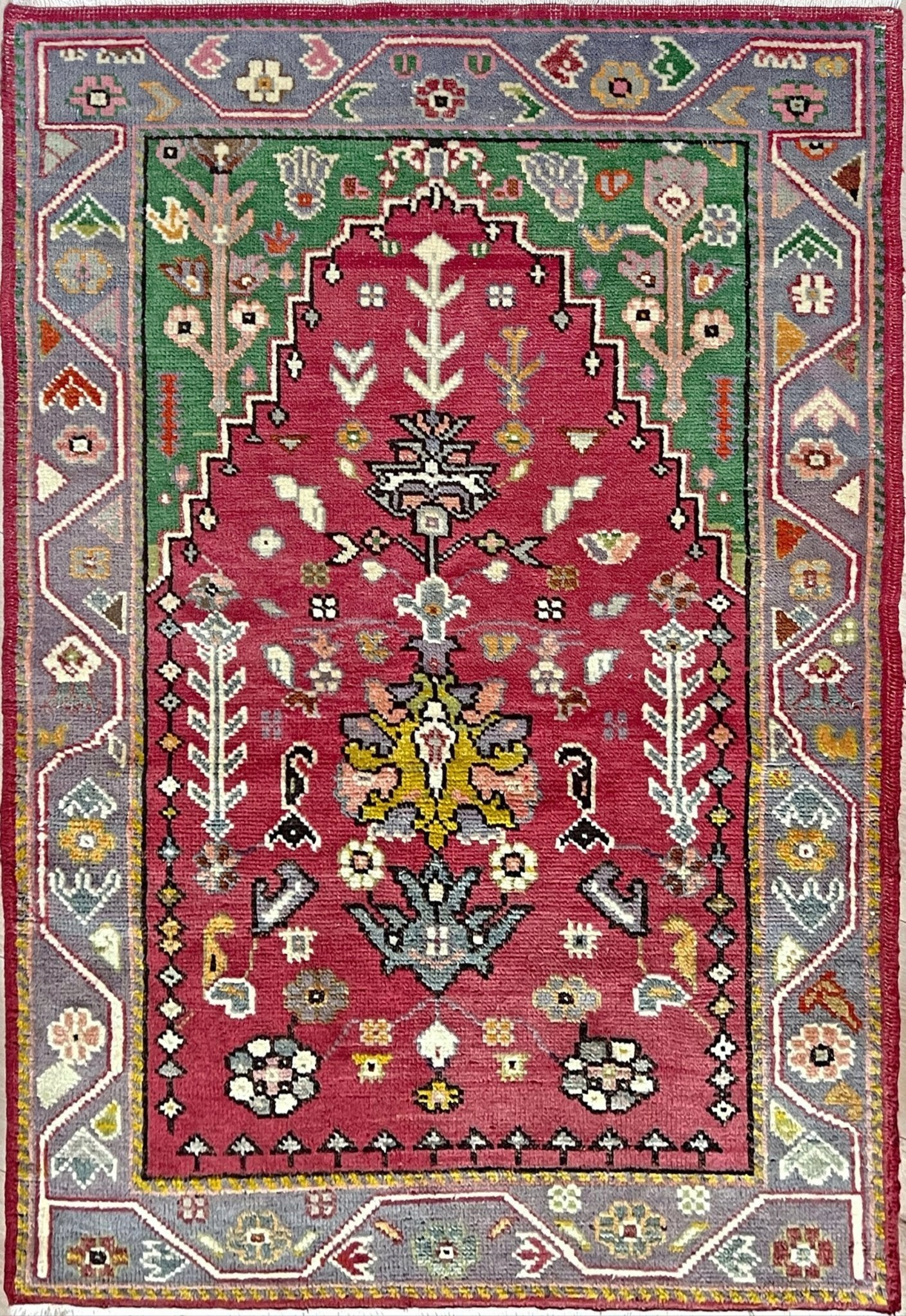 Vintage Turkish Maden prayer rug with russet rose field, emerald green spandrels, and floral motifs — handmade wool 3×4 mini carpet. intage turkish mini rug for entry bedroom bathroom under the desk nursery kitchen. Turkish rug shop san francisco bay area. Handmade wool rug buy online 