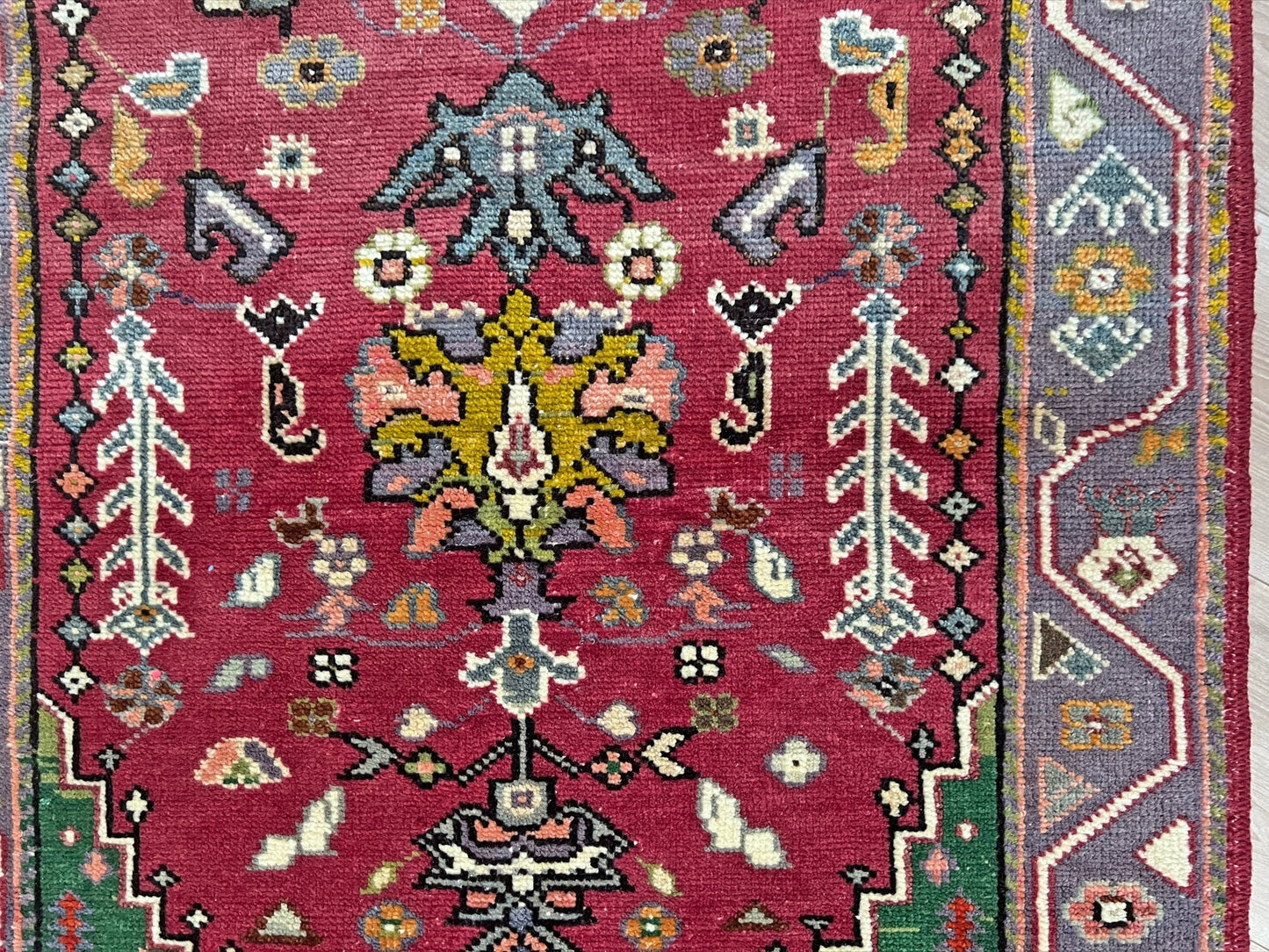 Vintage Turkish Maden prayer rug with russet rose field, emerald green spandrels, and floral motifs — handmade wool 3×4 mini carpet. intage turkish mini rug for entry bedroom bathroom under the desk nursery kitchen. Turkish rug shop san francisco bay area. Handmade wool rug buy online 