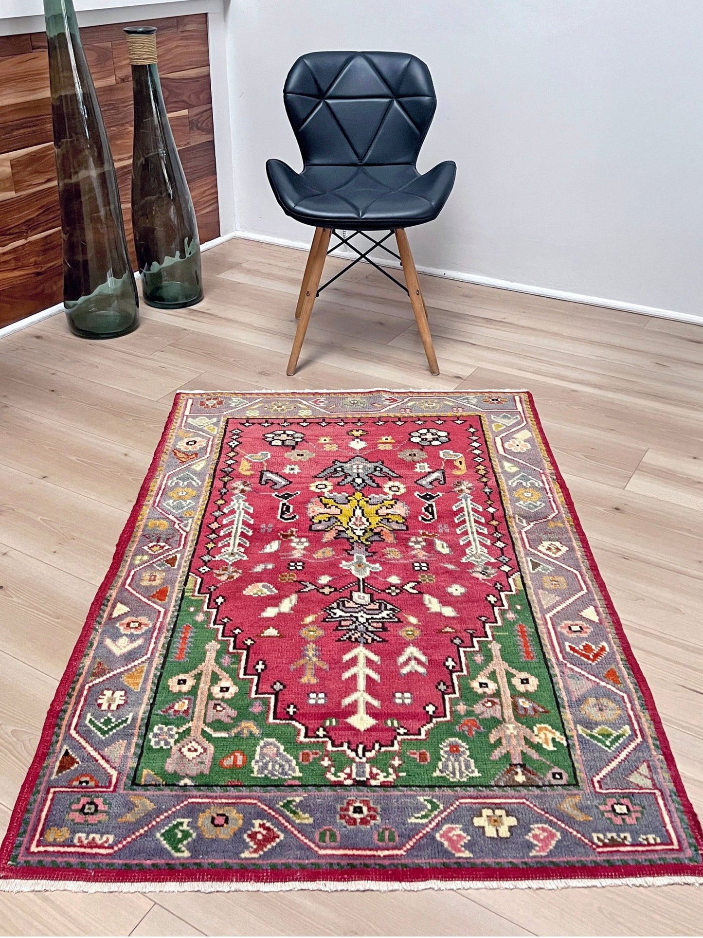 Vintage Turkish Maden prayer rug with russet rose field, emerald green spandrels, and floral motifs — handmade wool 3×4 mini carpet. intage turkish mini rug for entry bedroom bathroom under the desk nursery kitchen. Turkish rug shop san francisco bay area. Handmade wool rug buy online 