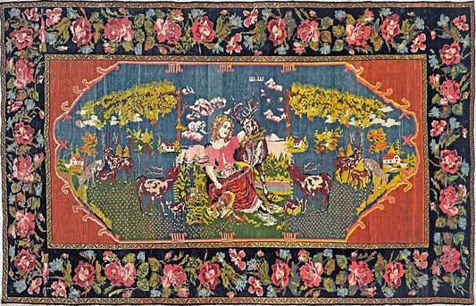 5x9 Karabagh Vintage pictorial Armenian Scatter Rug for Living Room, Dining, Bedroom. Wall hanging Handmade Carpet Rug shop Palo Alto San Francisco Bay Area. 