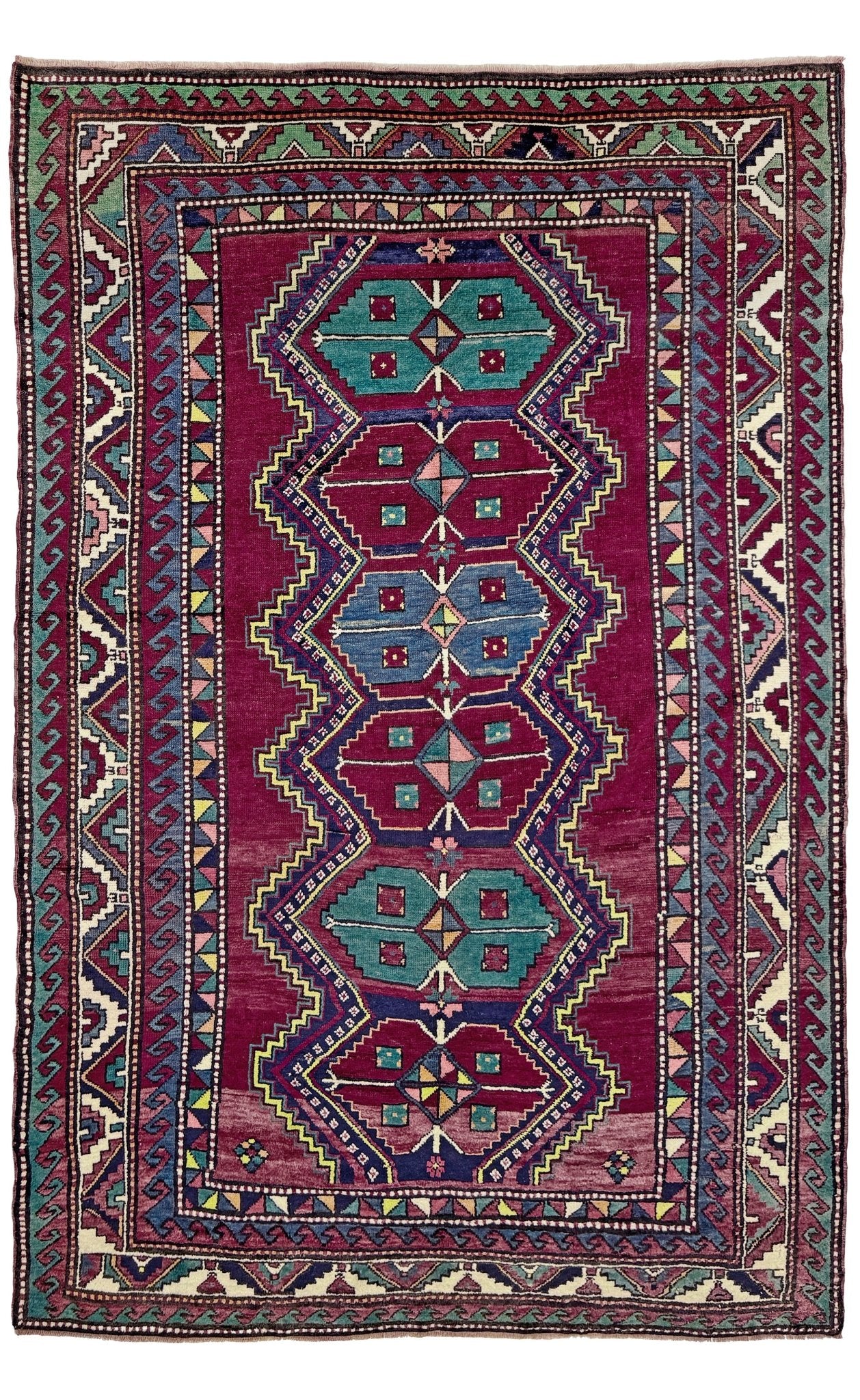 vintage kazak caucasian rug 6x9 burgundy field tribal geometric hand knotted wool 1940s antique style rug san francisco bay area rug shop indigo rugs