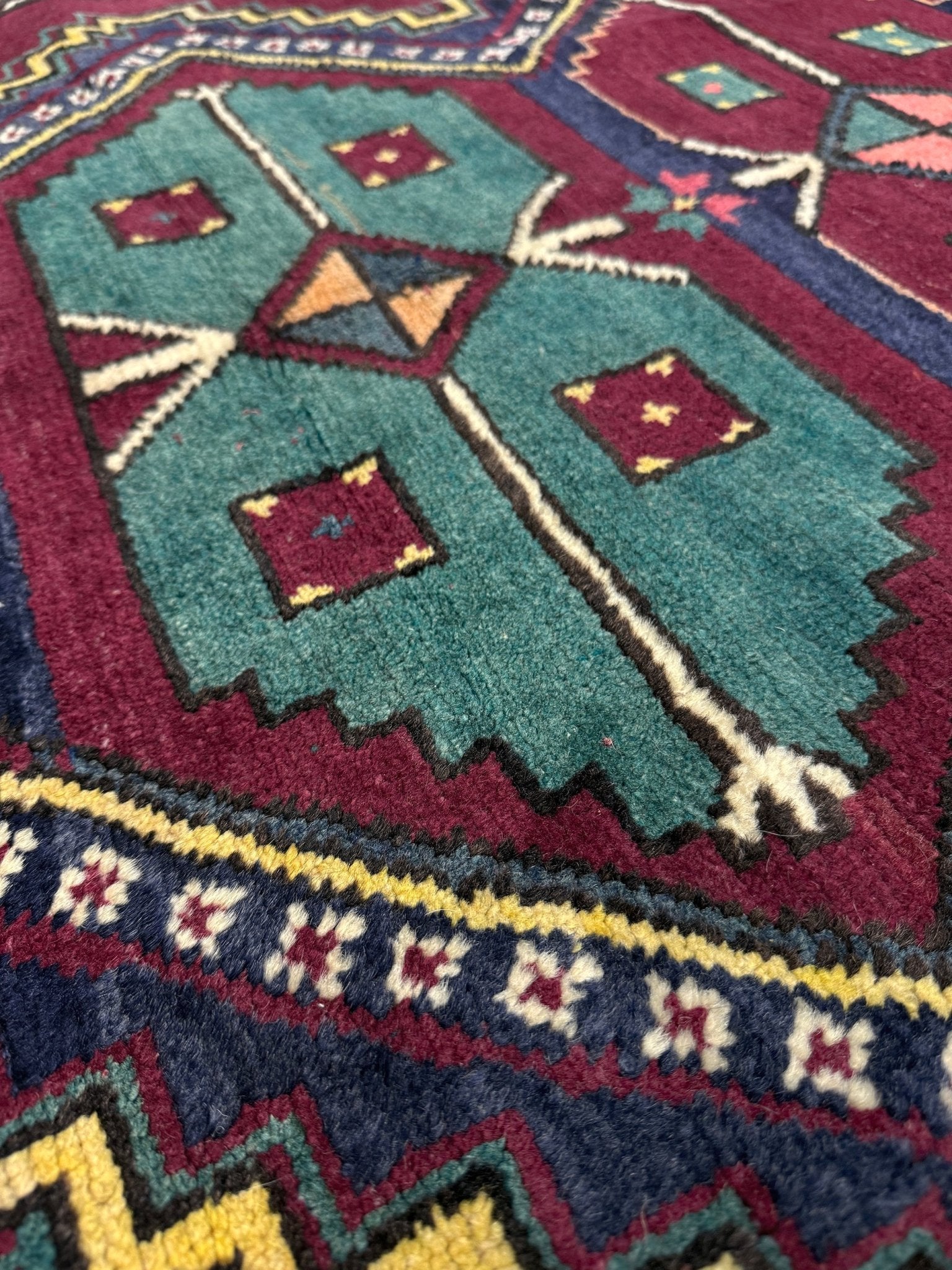 vintage kazak caucasian rug 6x9 burgundy field tribal geometric handmade wool 1940s antique style rug san francisco bay area rug shop indigo rugs