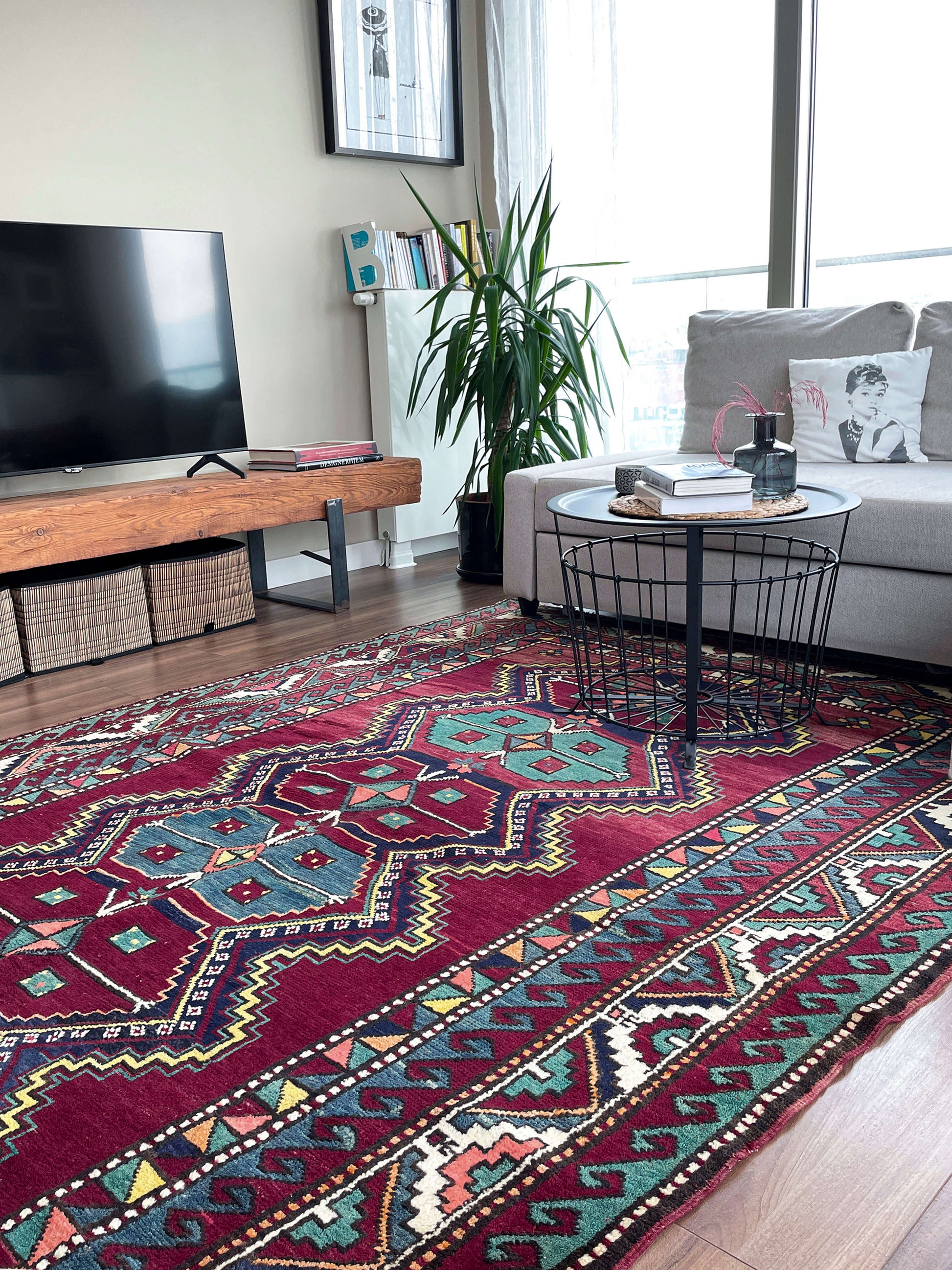 vintage kazak caucasian rug 6x9 burgundy field tribal geometric handmade wool 1940s antique style rug san francisco bay area rug shop indigo rugs
