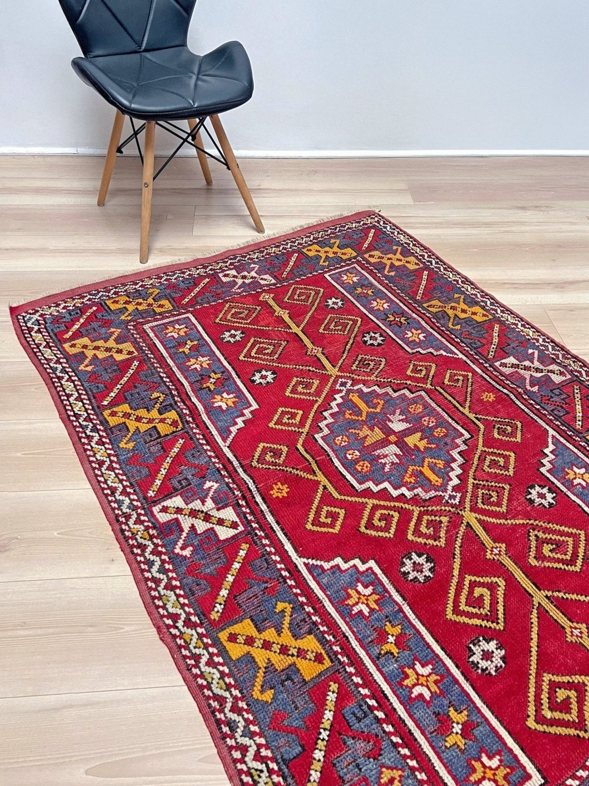 Crimson Red Canakkale Turkish Rug • Semi-antique Wool Anatolian Village Rug (3'10"x5'5")