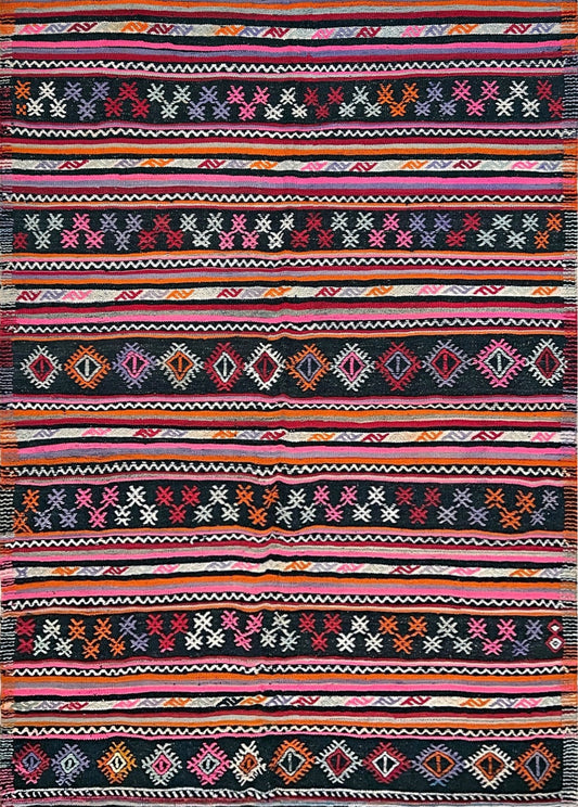 6x8 Pink striped Turkish kilim rug shop berkeley. Handmade rug San Francisco bay area. Vibrant color handmade wool rug. 