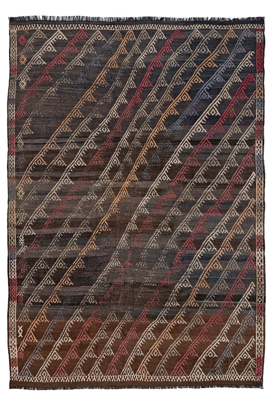 Woven textile with geometric pattern on a plain background. Vintage distressed Konya cicim kilim rug 5'7" × 8'1" with espresso-brown field, tribal embroidered motifs, and earthy tones — handmade Turkish flatweave carpet