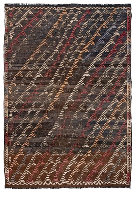 A square kilim rug with a dark brown and black background, featuring diagonal bands of red, beige, and blue geometric patterns.