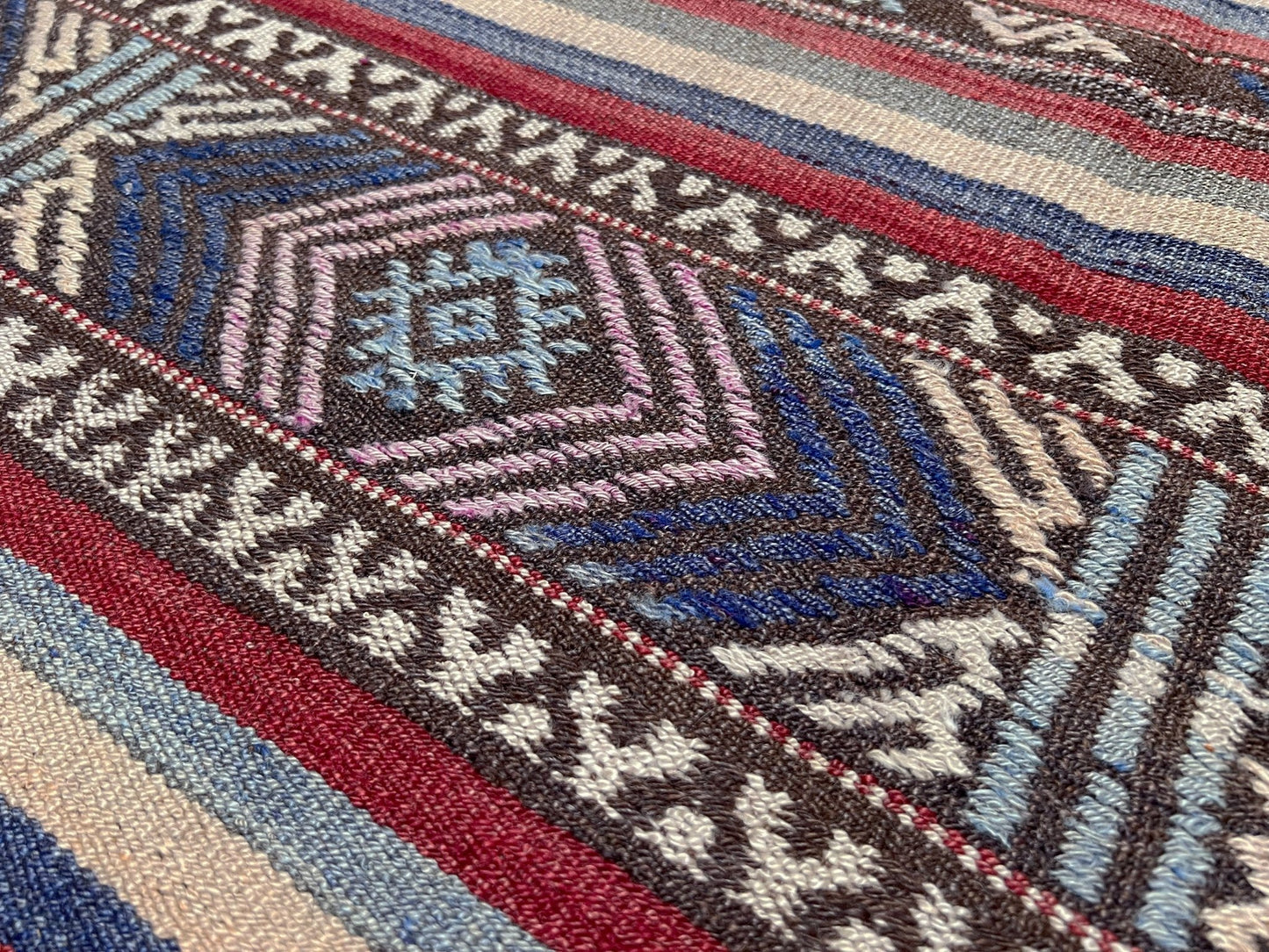 Blue striped vintage turkish kilim rug shop san francisco bay area. Handmade wool flatweave carpet rug